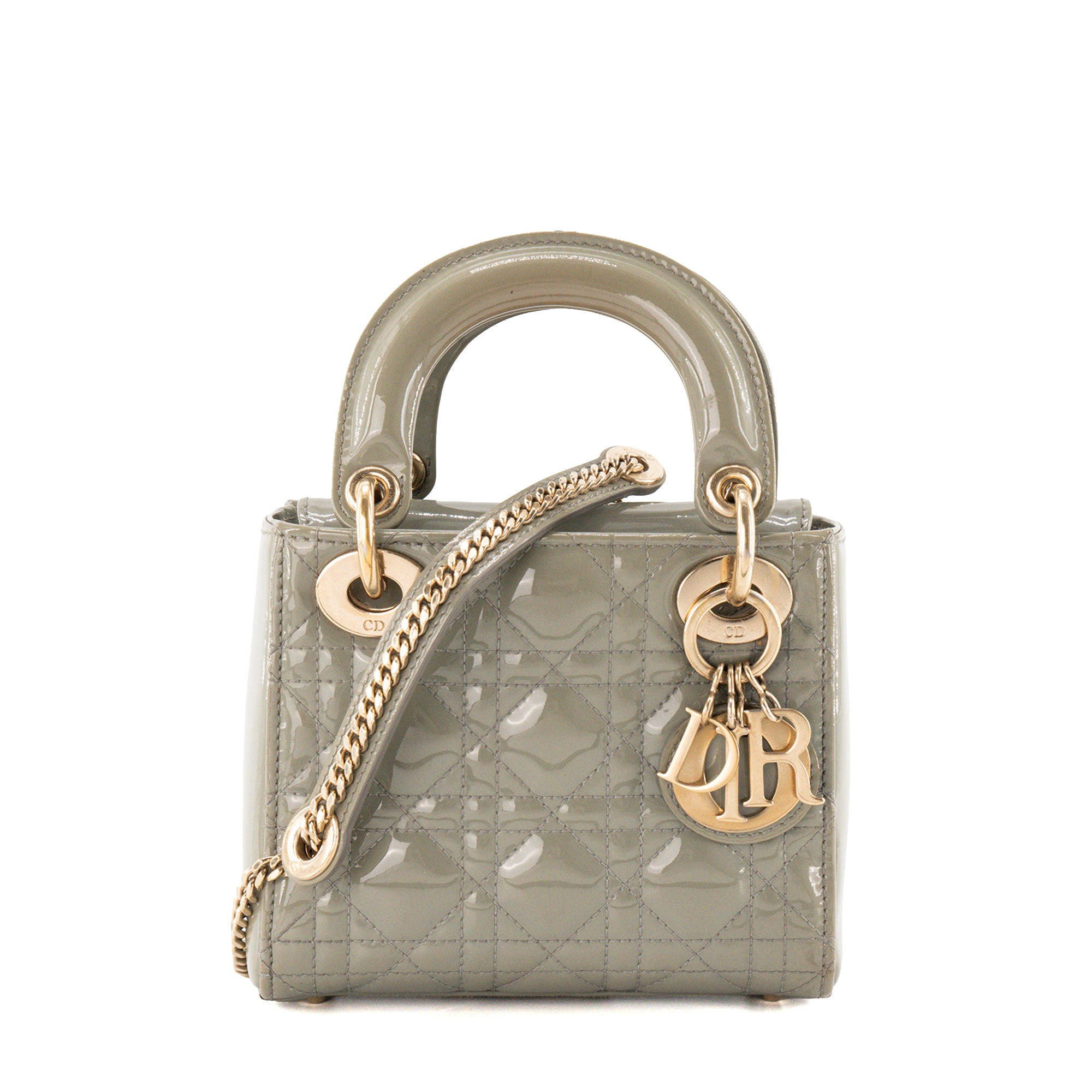 DIOR - Sac à bandoulière Lady Dior mini en cuir cannage verni vert kaki