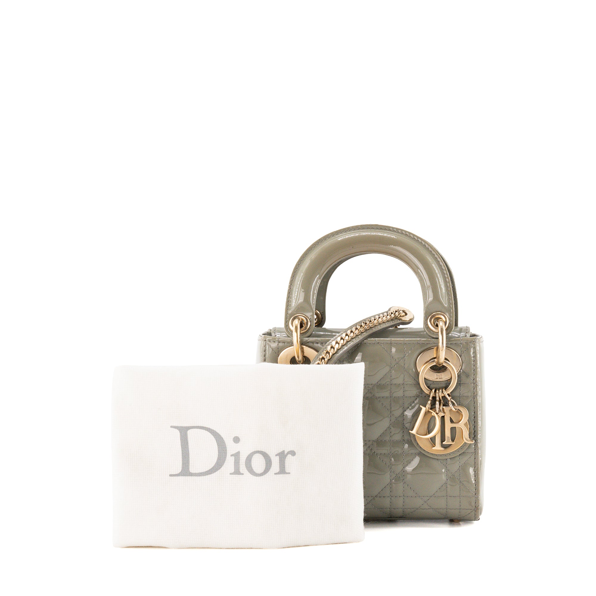 DIOR - Sac à bandoulière Lady Dior mini en cuir cannage verni vert kaki