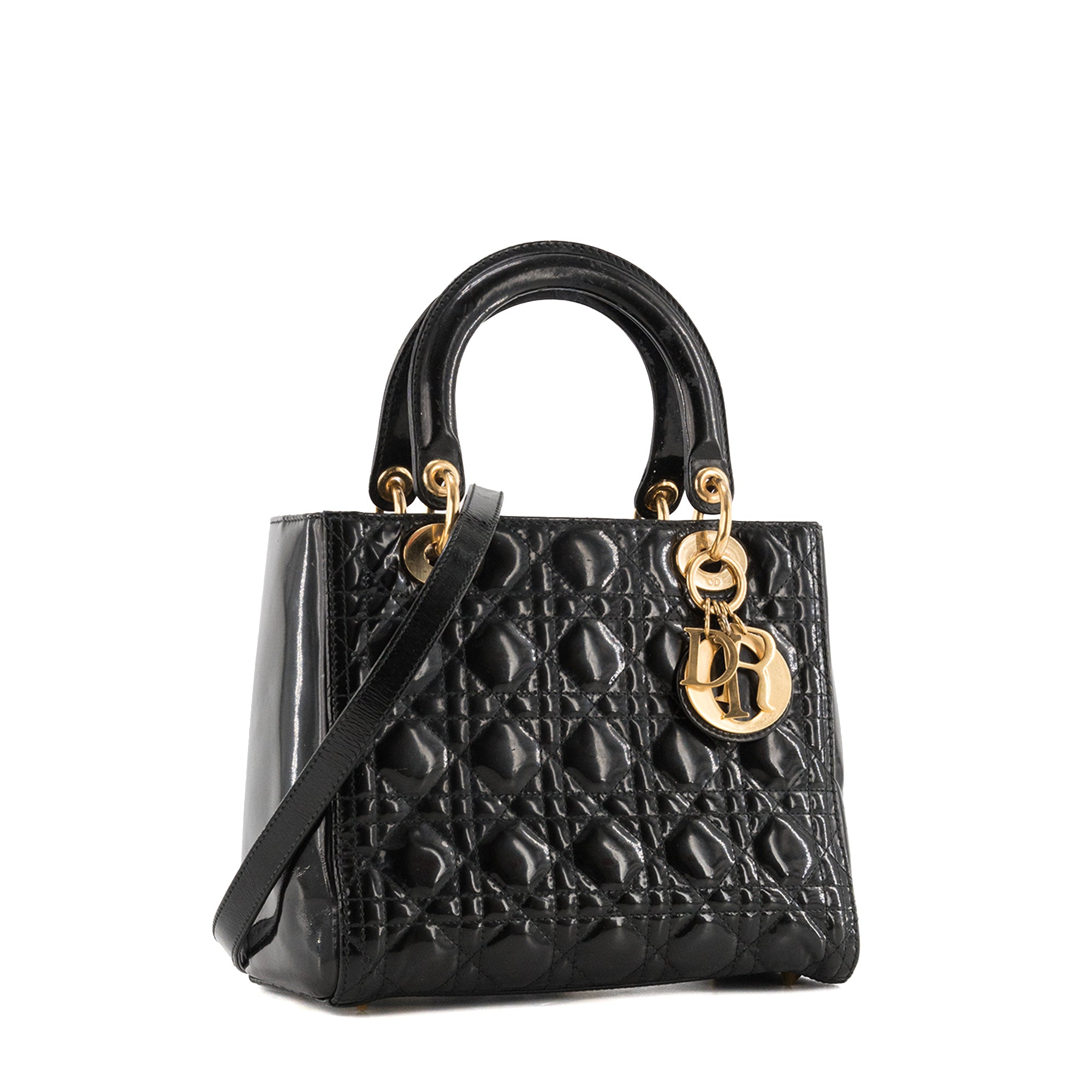 DIOR - Sac à bandoulière Lady Dior Medium en cuir verni noir