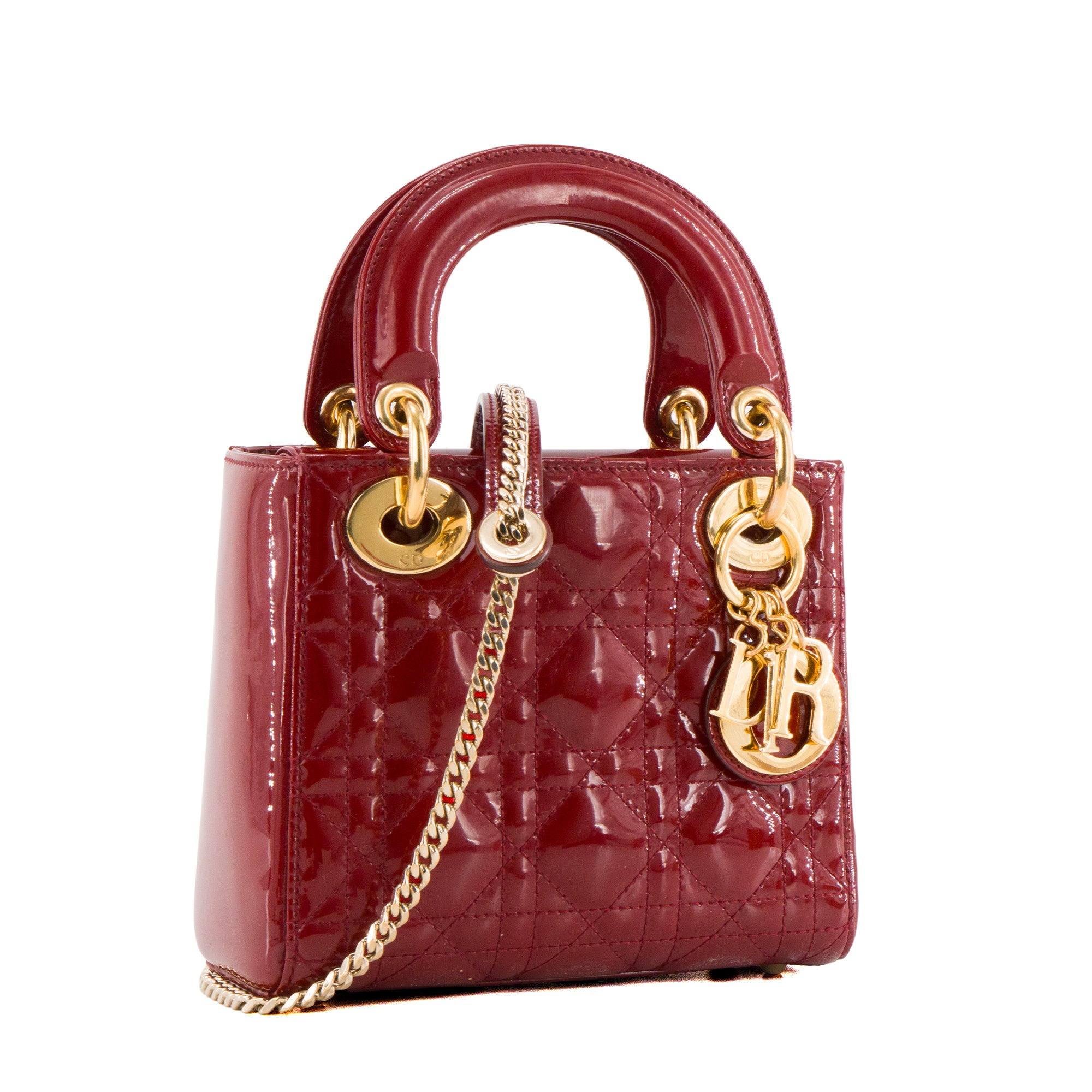 DIOR - Sac à bandoulière Lady Dior mini Dior en cuir verni rouge bordeaux