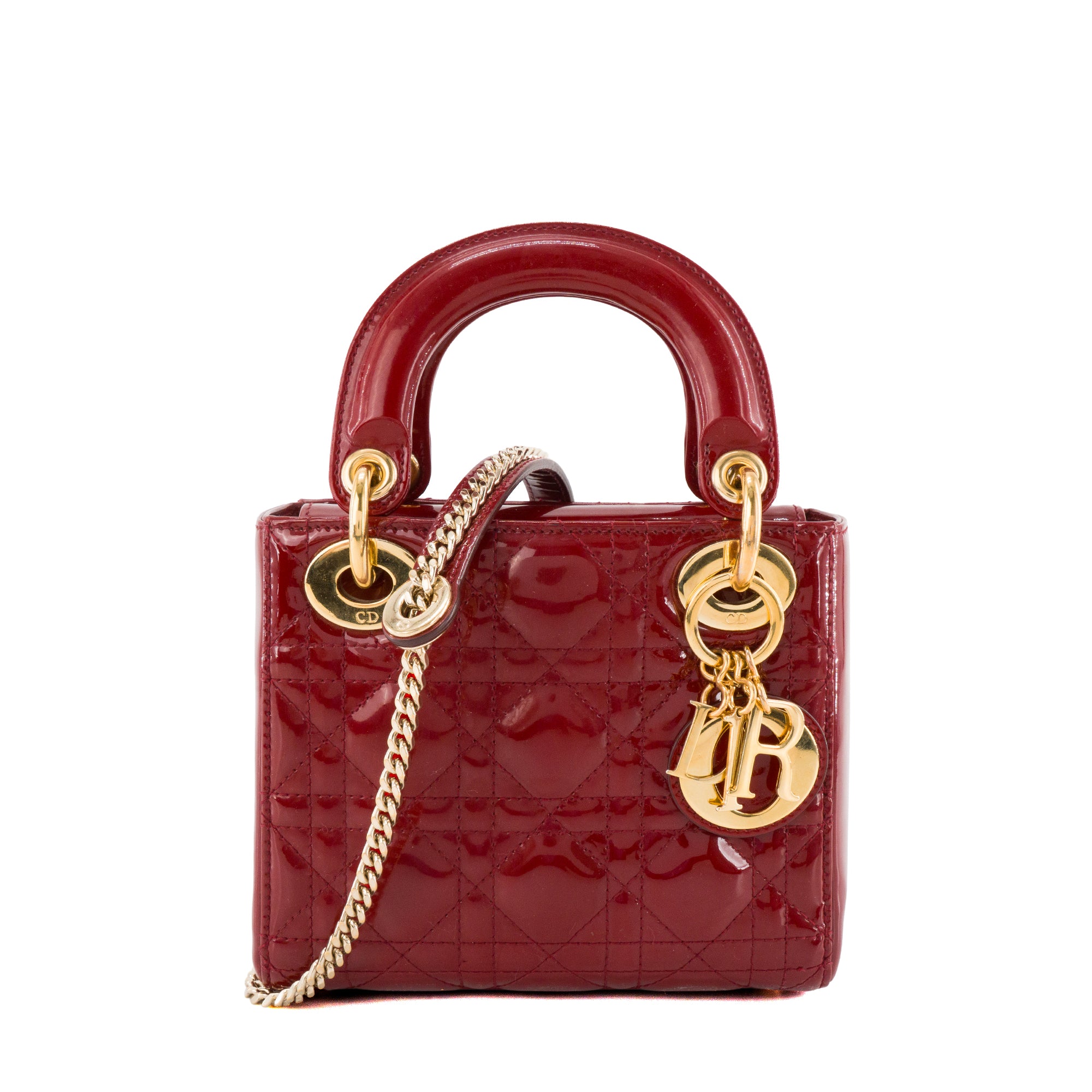 DIOR - Sac à bandoulière Lady Dior mini Dior en cuir verni rouge bordeaux