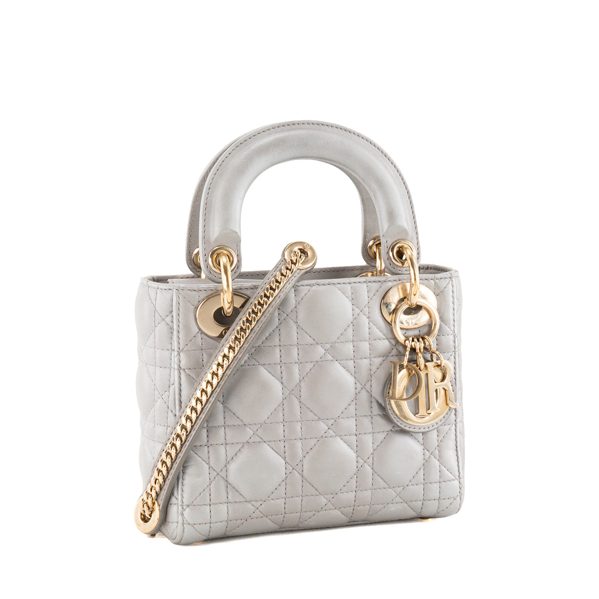 DIOR - Sac à bandoulière Lady Dior mini en cuir cannage métallisé gris