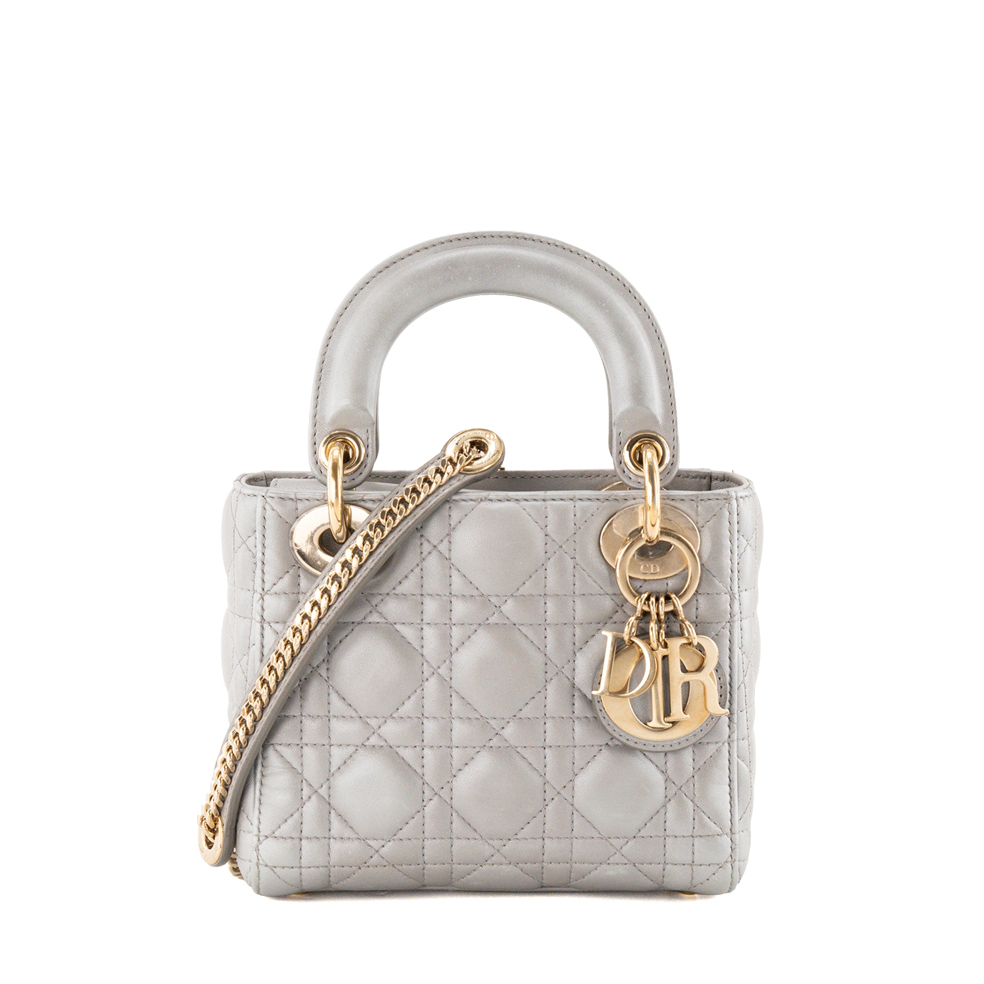 DIOR - Sac à bandoulière Lady Dior mini en cuir cannage métallisé gris
