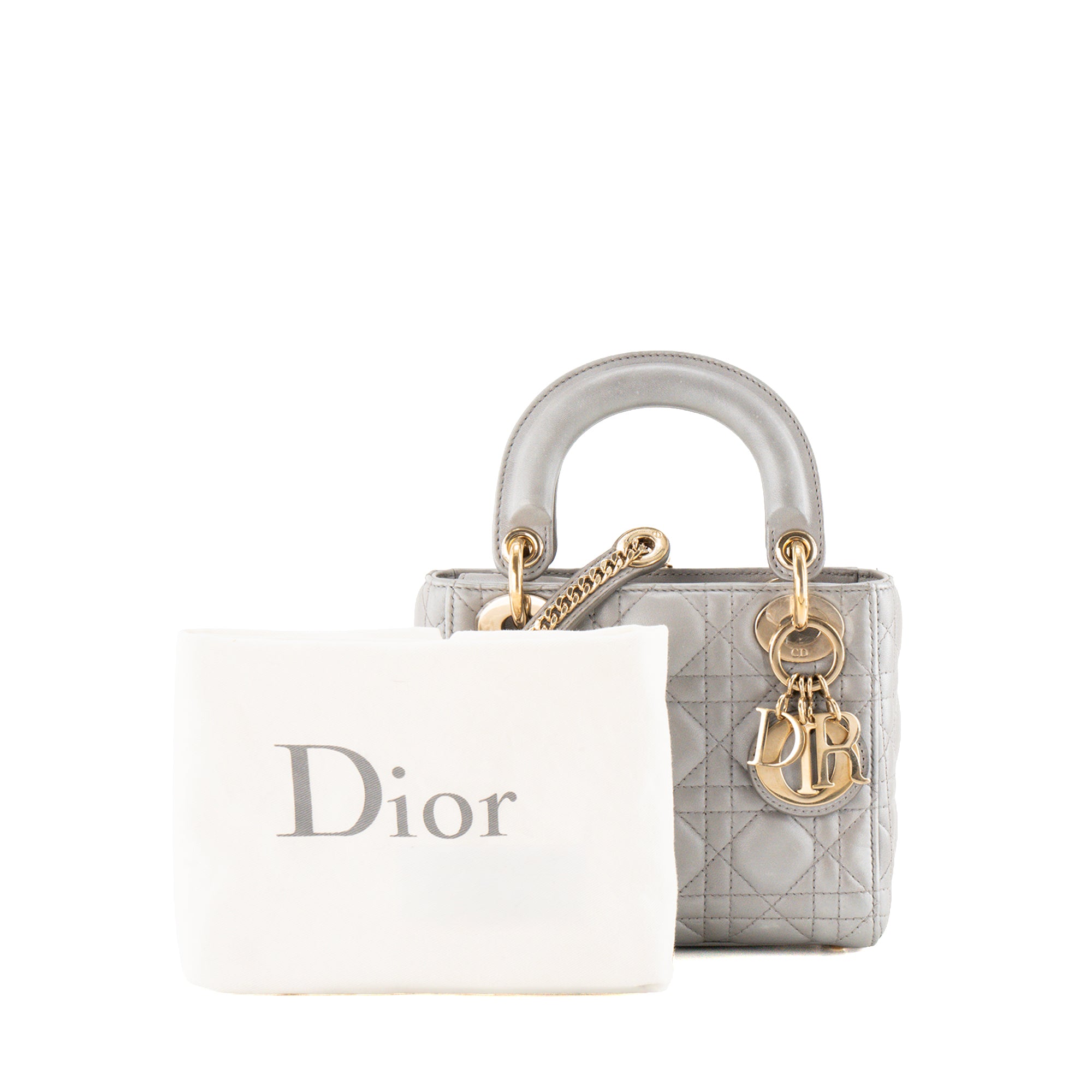 DIOR - Sac à bandoulière Lady Dior mini en cuir cannage métallisé gris