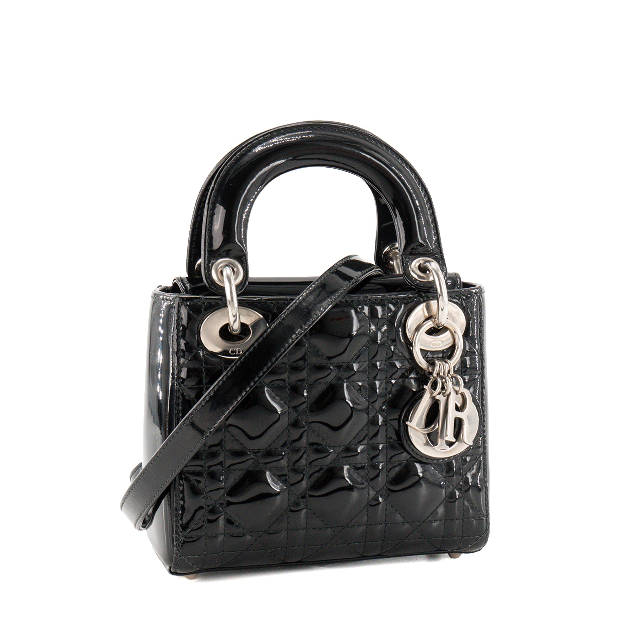DIOR - Sac à bandoulière Lady Dior Mini en cuir cannage verni noir