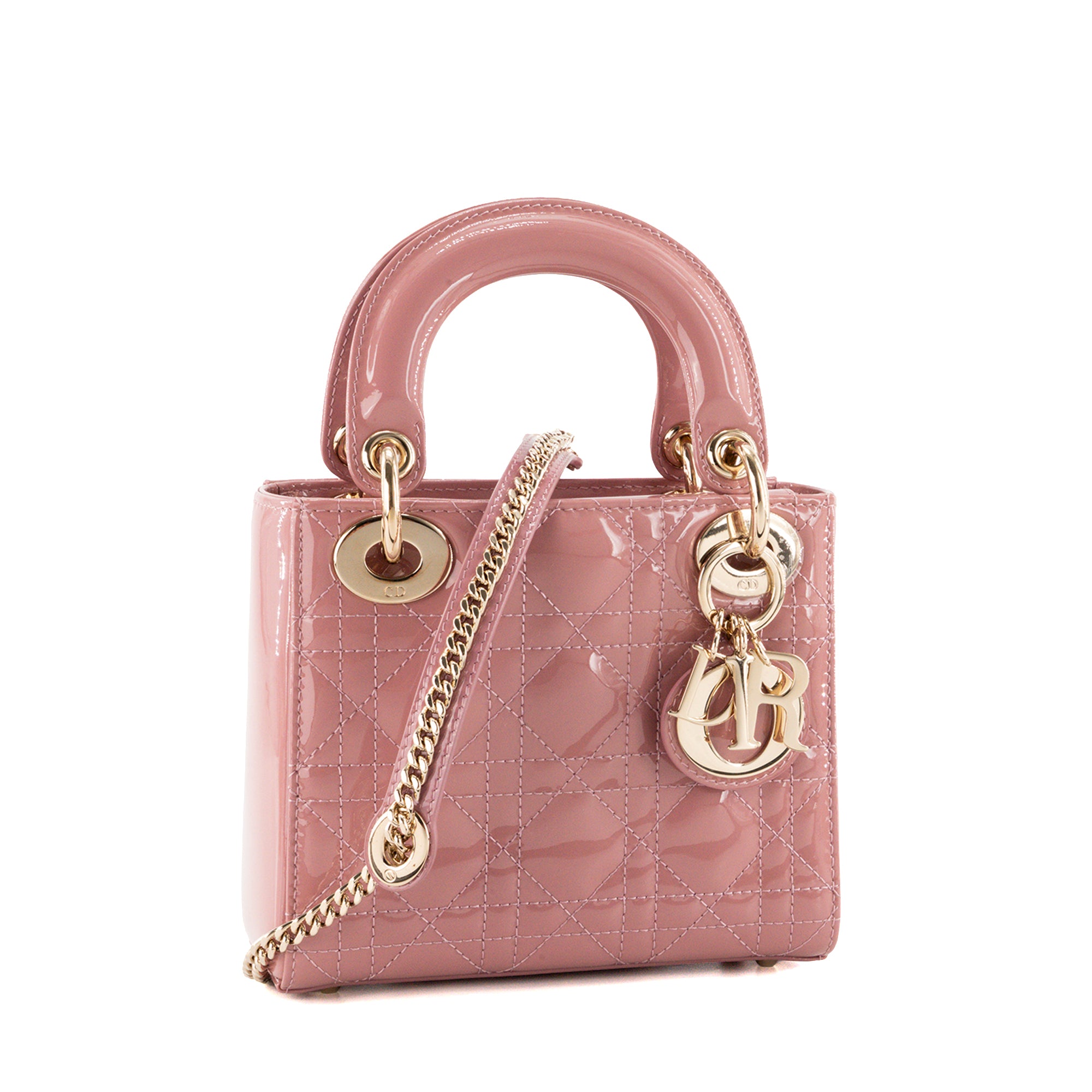 DIOR - Sac à bandoulière Lady Dior mini en cuir cannage verni rose
