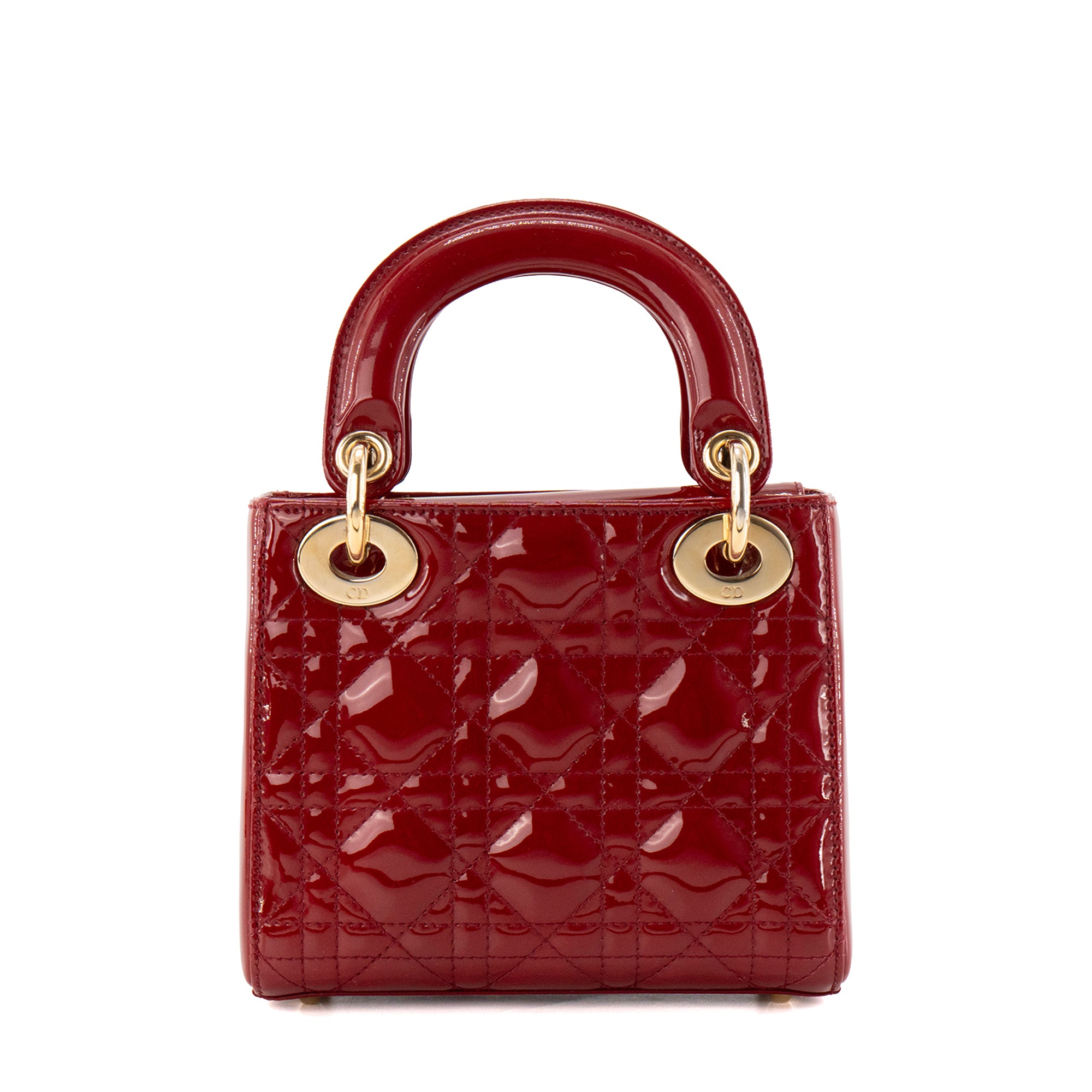 DIOR - Sac à bandoulière Lady Dior mini en cuir cannage verni bordeaux