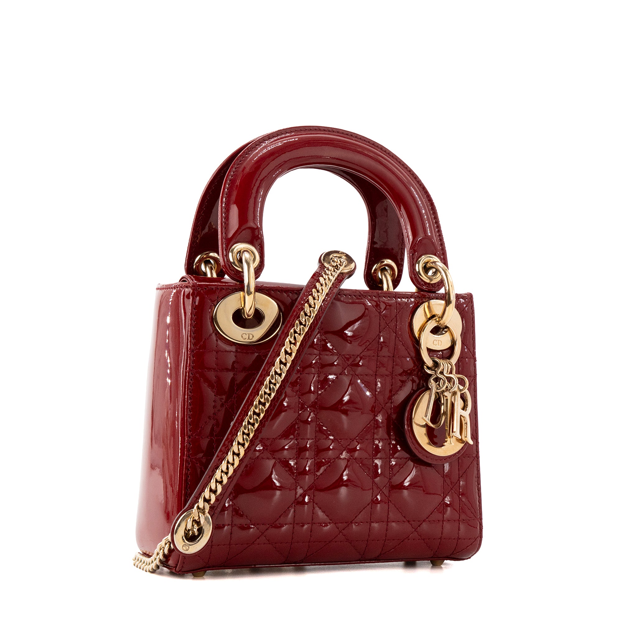 DIOR - Sac à bandoulière Lady Dior mini en cuir cannage verni bordeaux