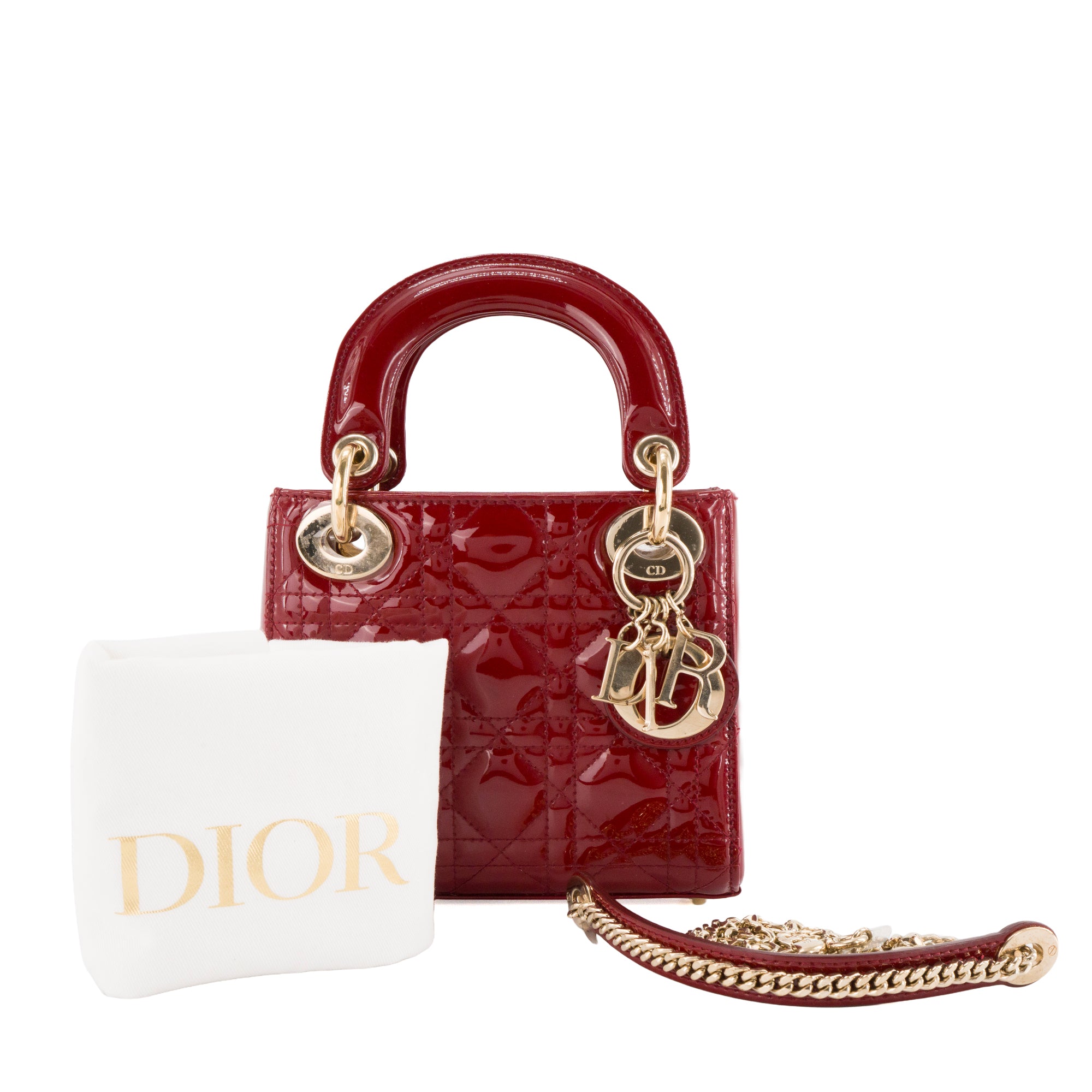 DIOR - Sac à bandoulière Lady Dior mini en cuir cannage verni rouge