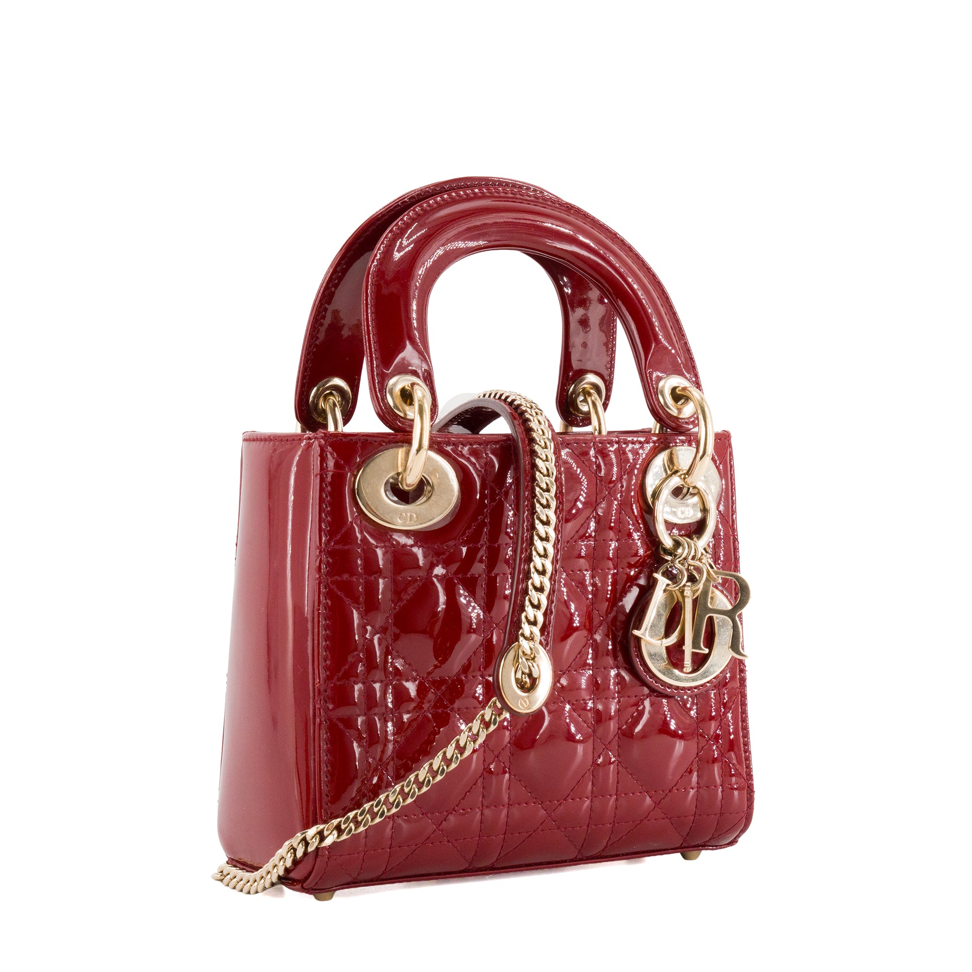 DIOR - Sac à bandoulière Lady Dior mini en cuir cannage verni rouge