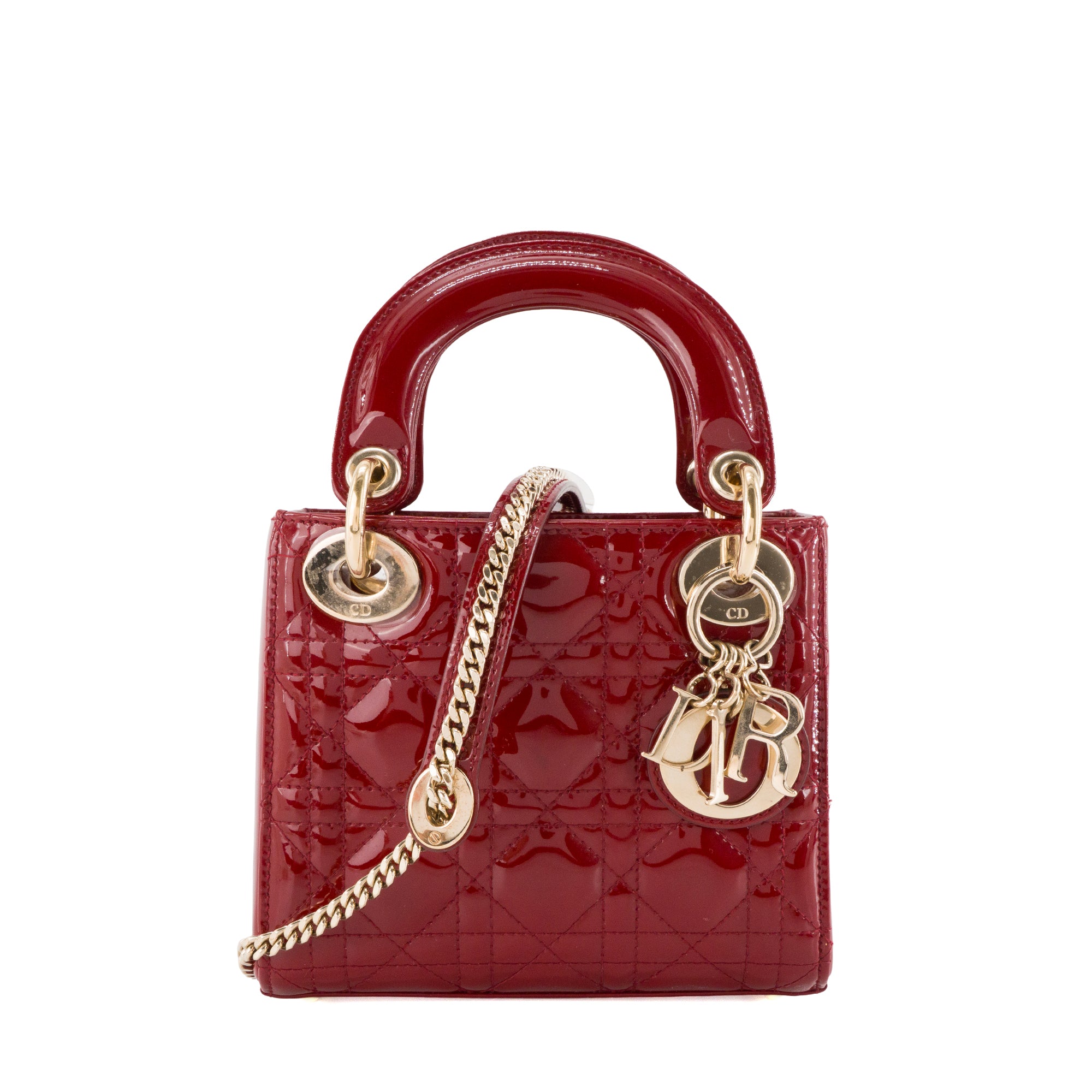 DIOR - Sac à bandoulière Lady Dior mini en cuir cannage verni rouge
