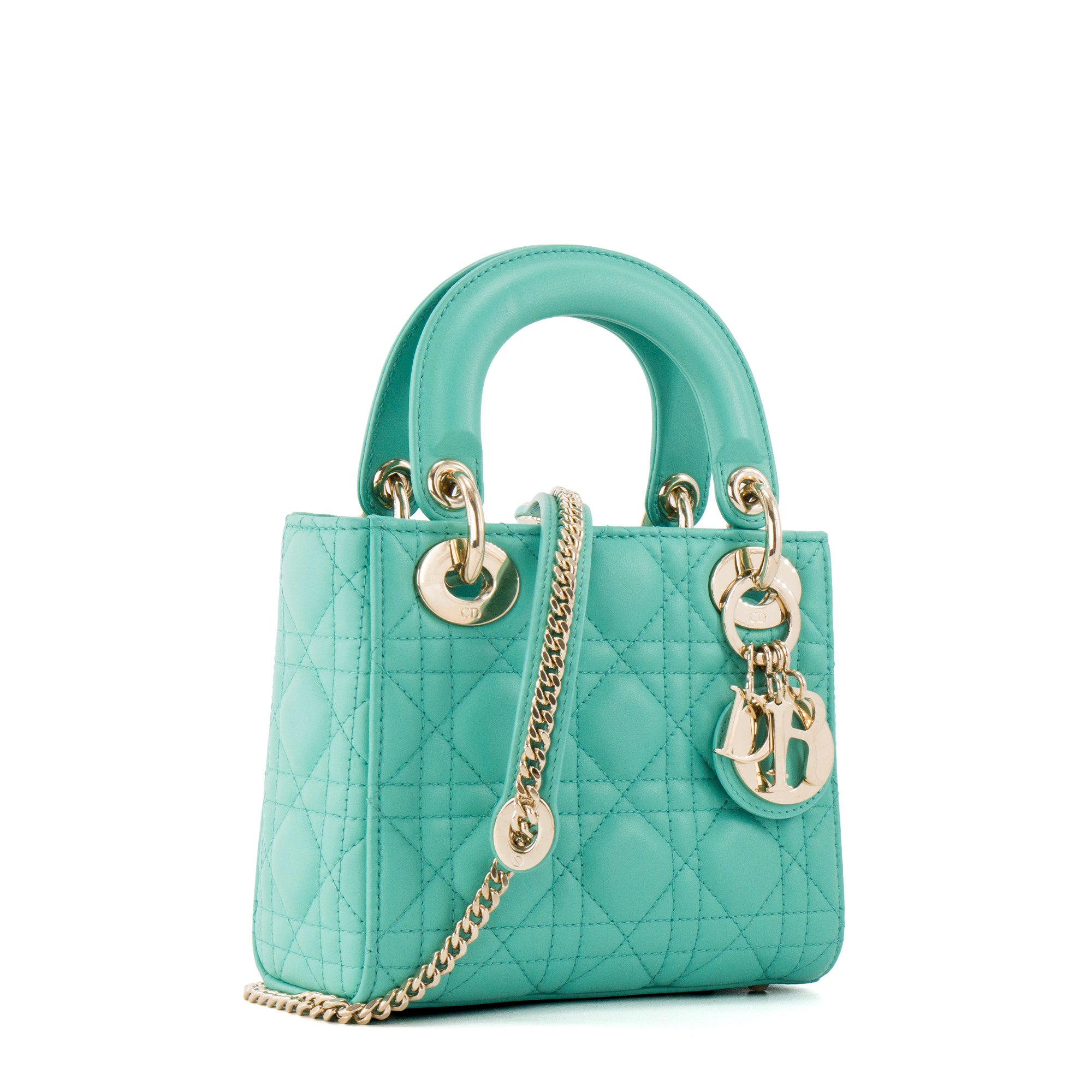 DIOR - Sac à bandoulière Lady Dior mini en cuir lisse bleu turquoise