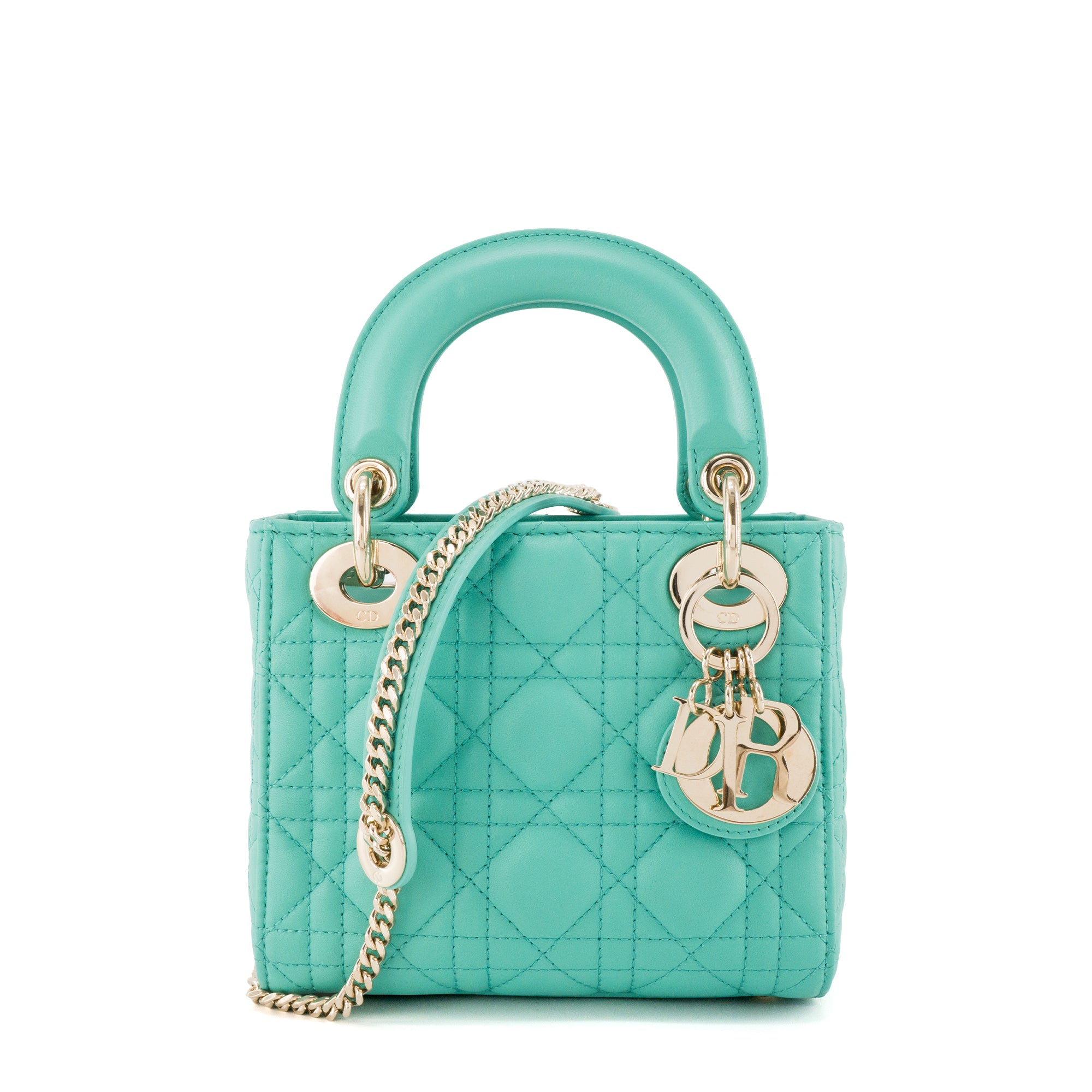 DIOR - Sac à bandoulière Lady Dior mini en cuir lisse bleu turquoise