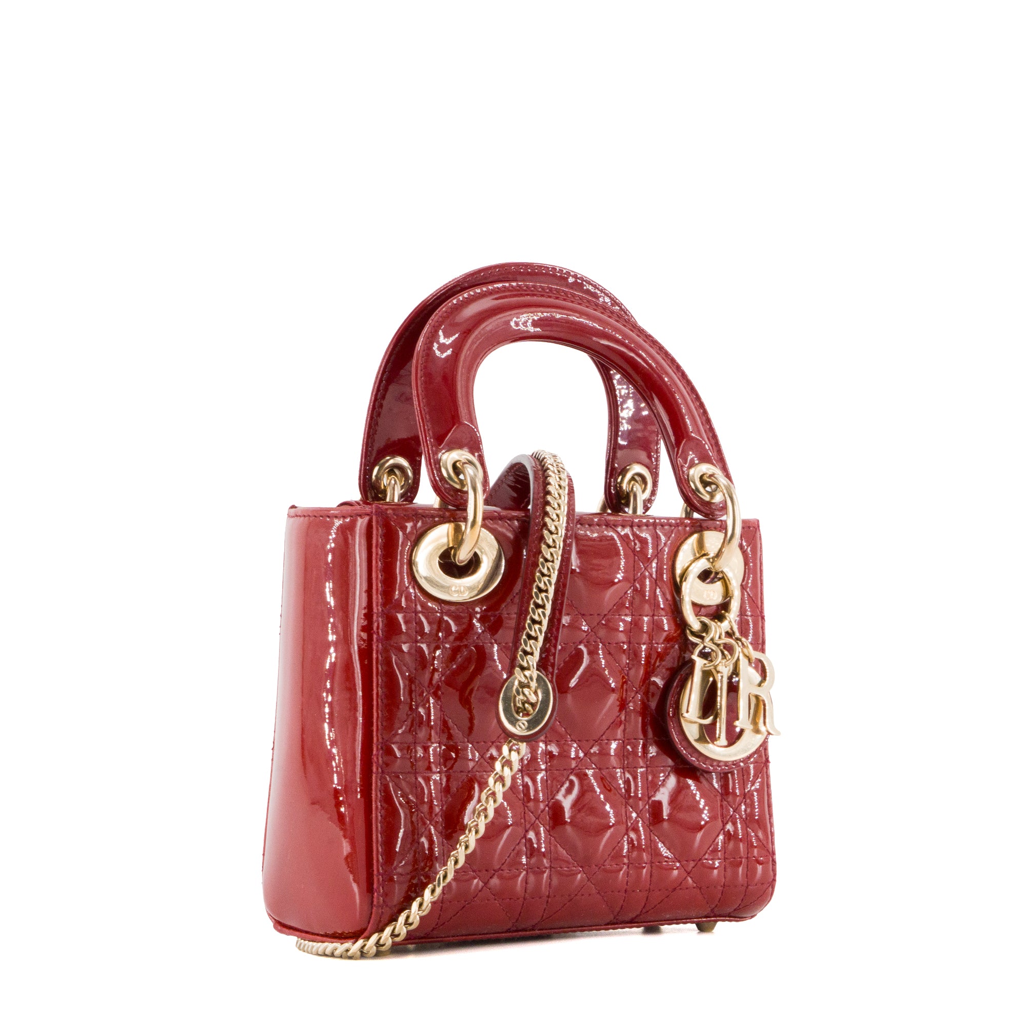 DIOR - Sac à bandoulière Lady Dior mini en cuir verni bordeaux