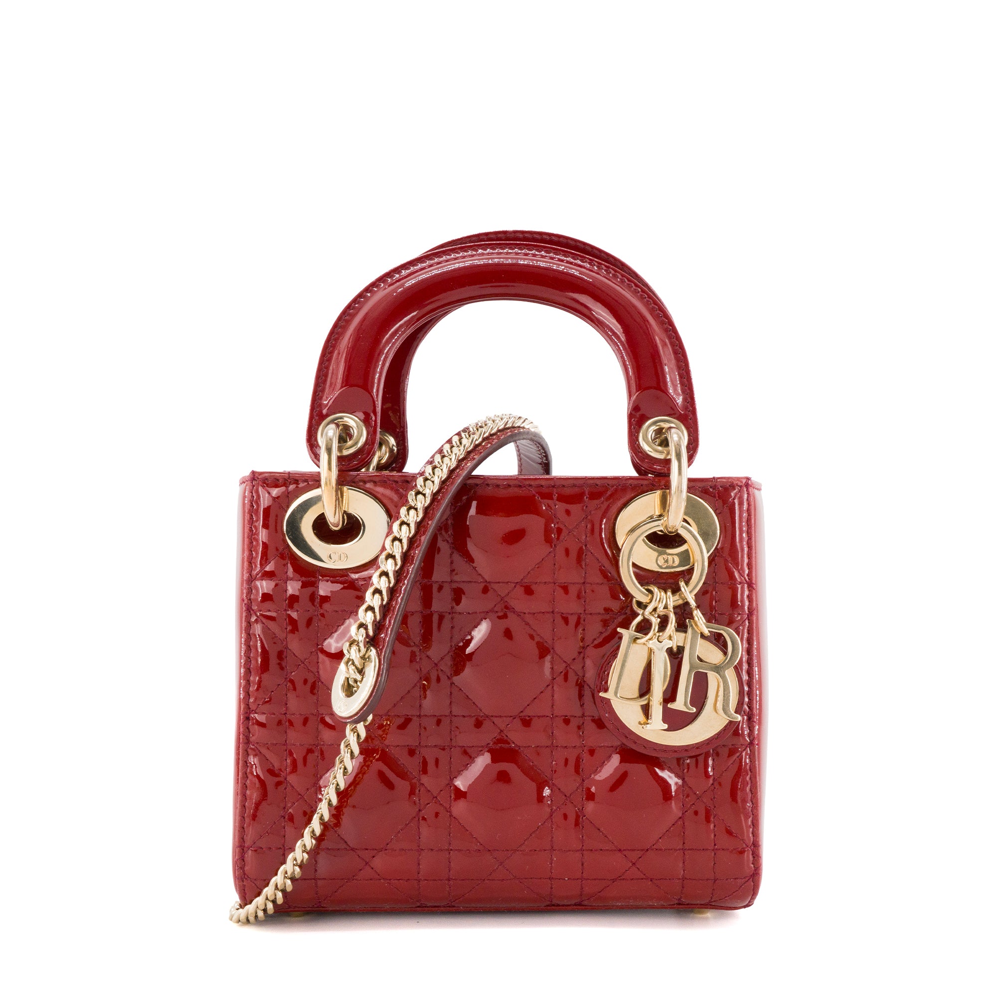 DIOR - Sac à bandoulière Lady Dior mini en cuir verni bordeaux