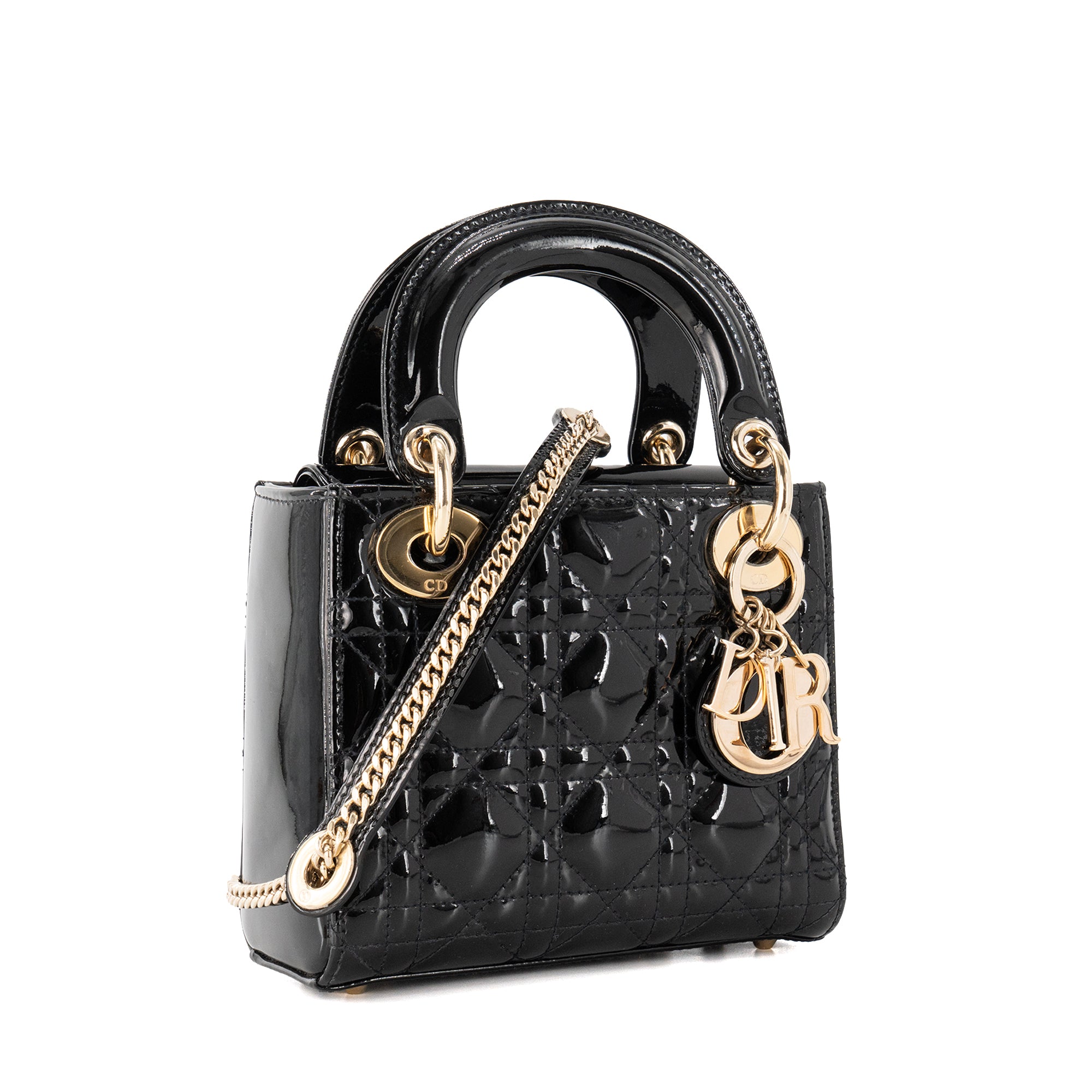 DIOR - Sac à bandoulière Lady Dior Mini Dior en cuir verni noir