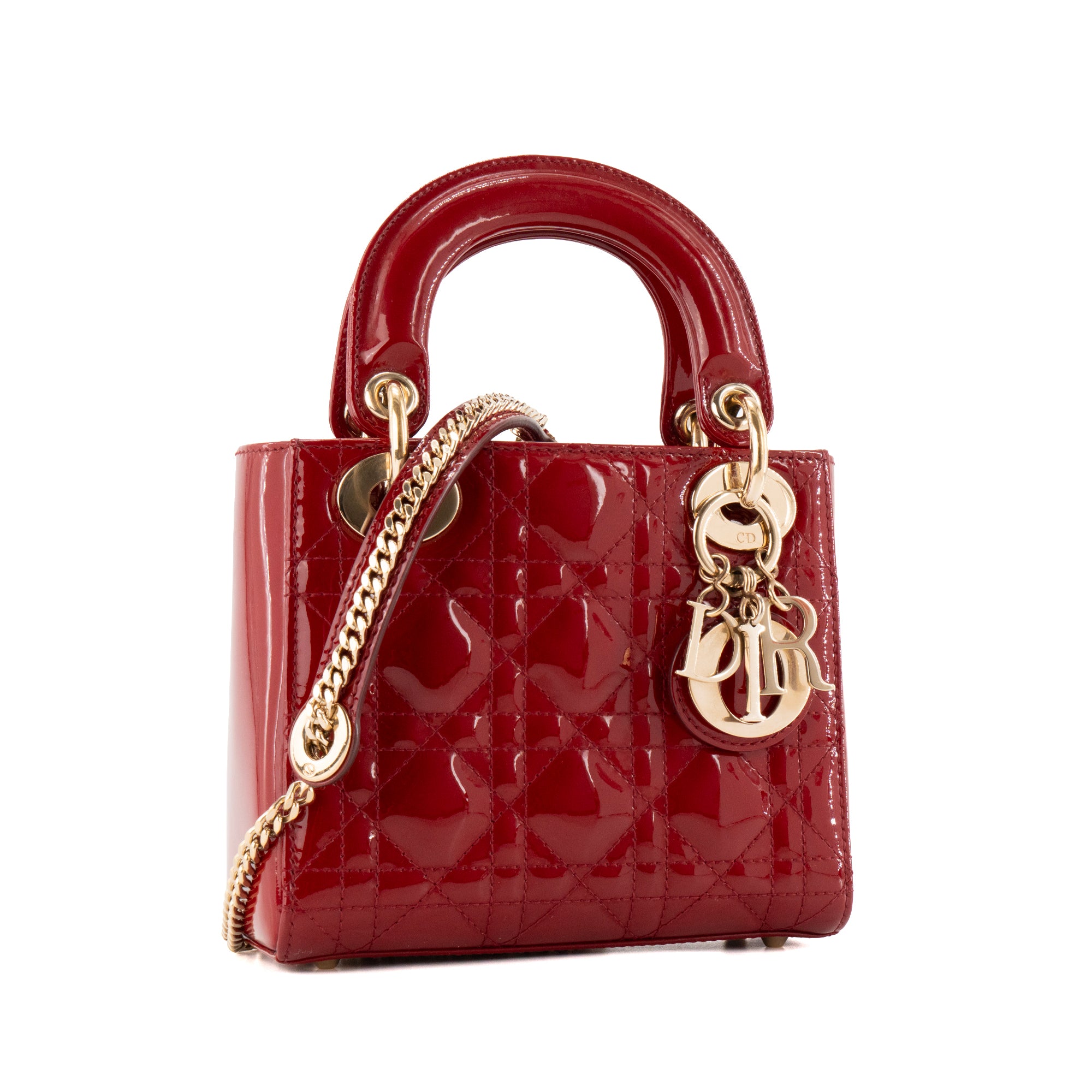 DIOR - Sac à bandoulière Lady Dior Mini en cuir cannage verni rouge