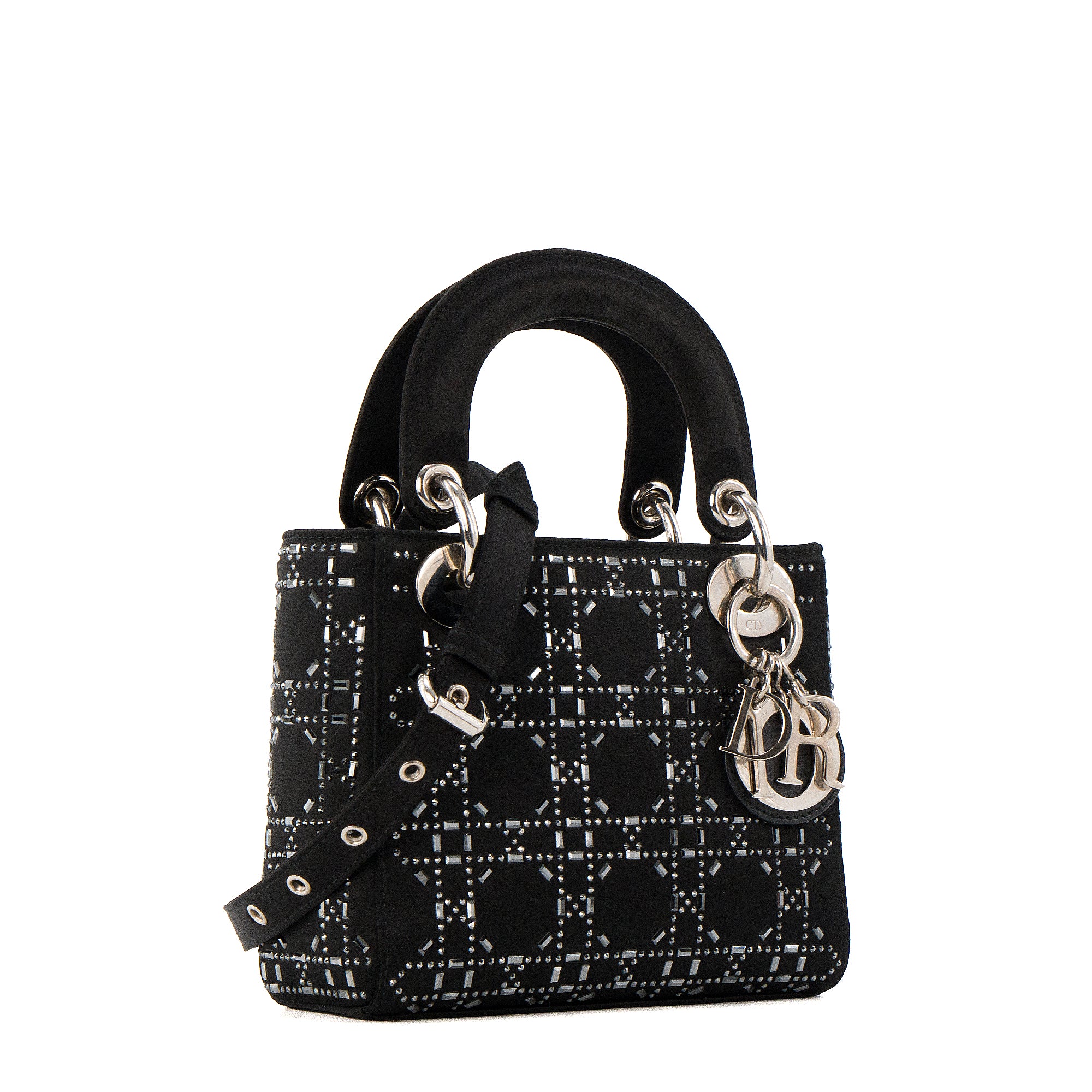 DIOR - Sac à bandoulière Lady Dior mini en satin à strass noir