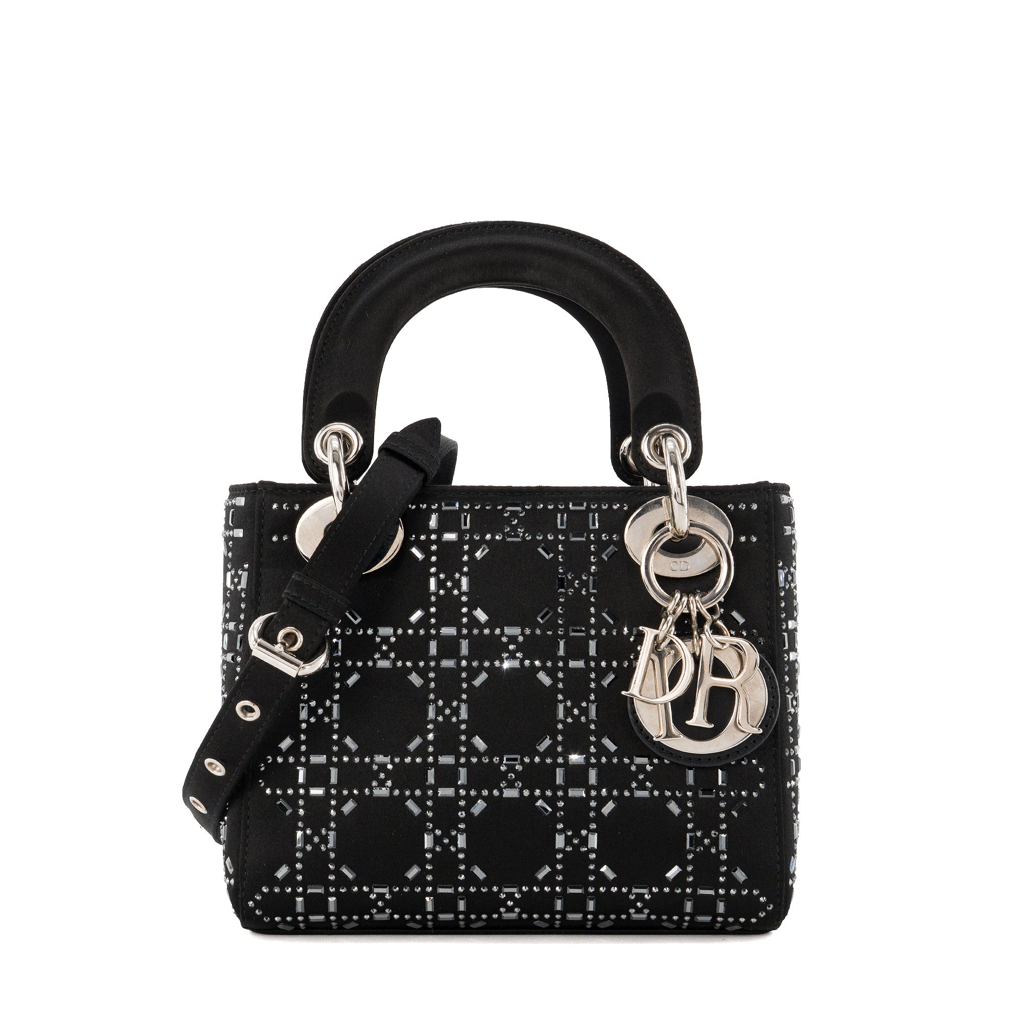 DIOR - Sac à bandoulière Lady Dior mini en satin à strass noir