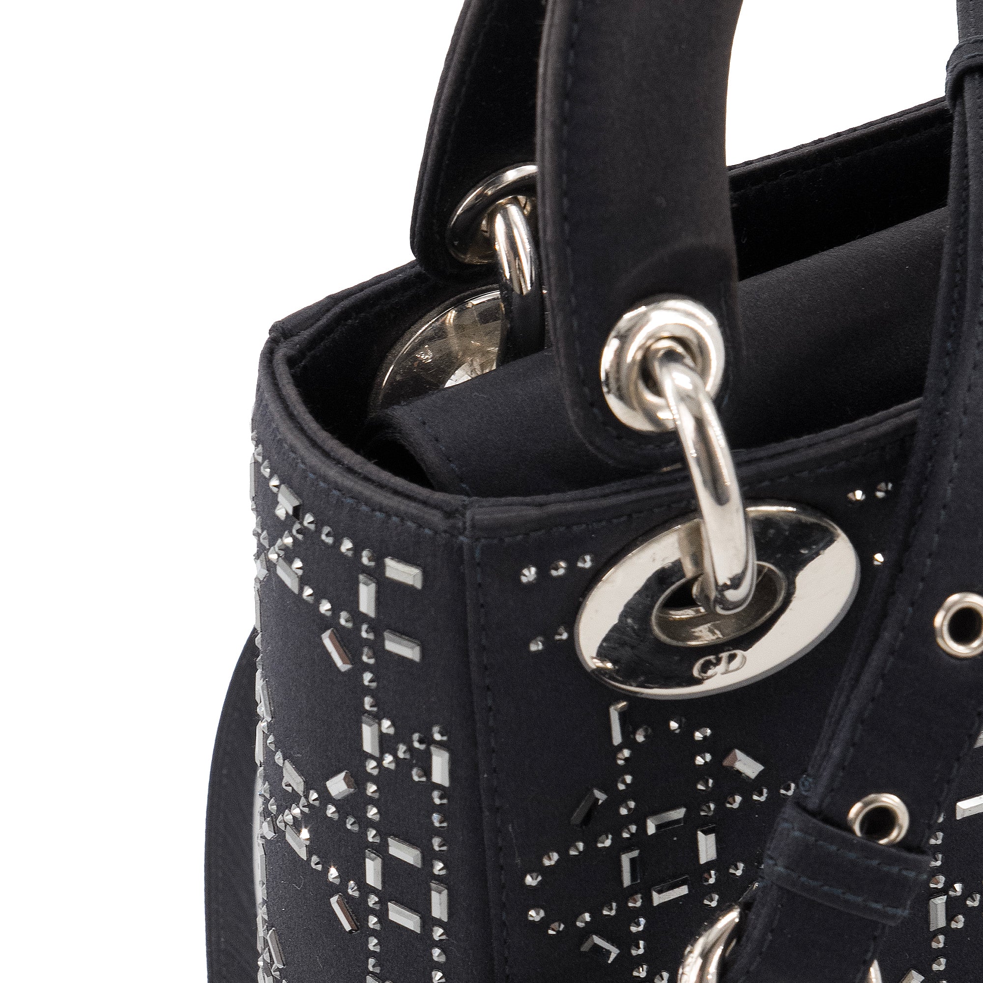 DIOR - Sac à bandoulière Lady Dior mini en satin bleu nuit et strass