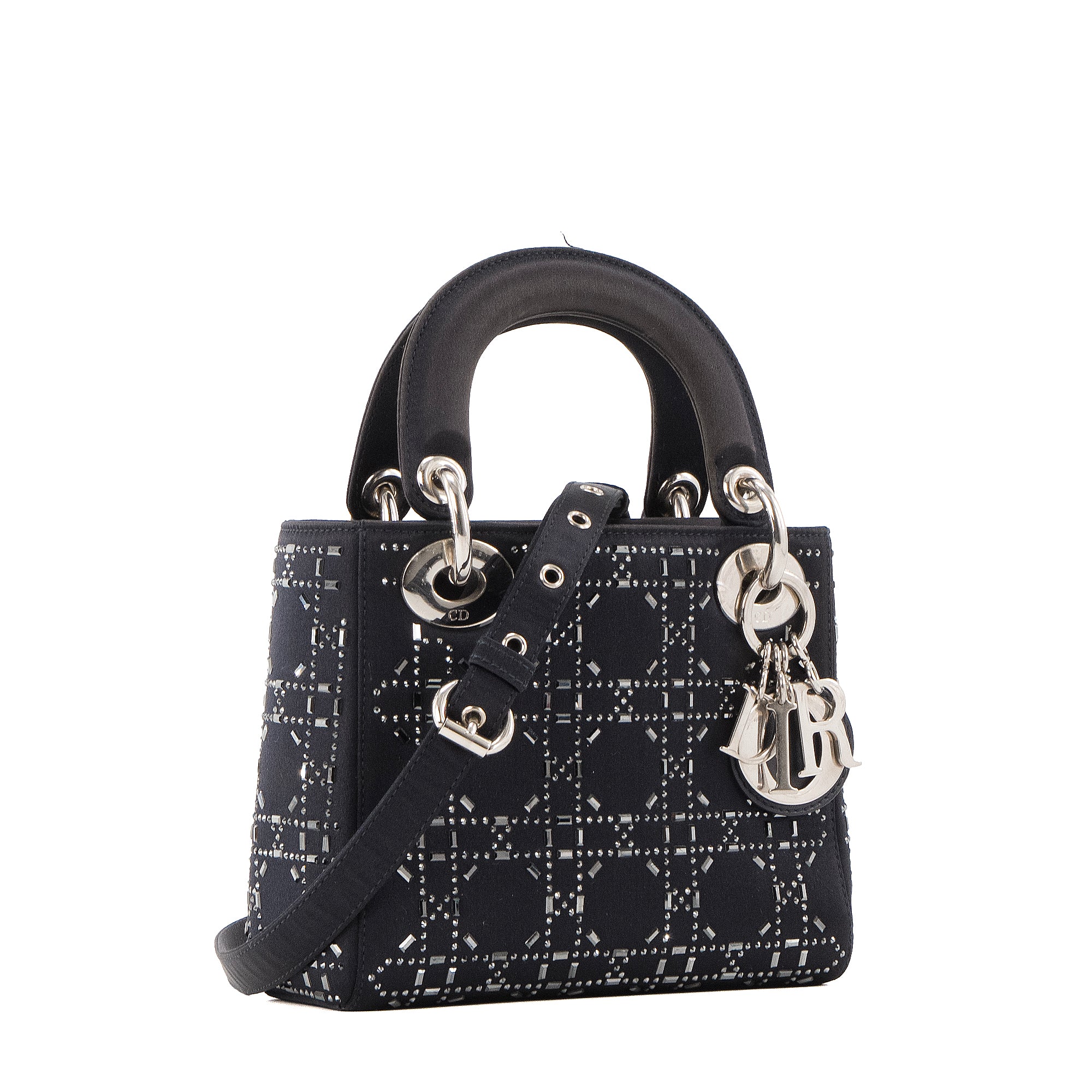 DIOR - Sac à bandoulière Lady Dior mini en satin bleu nuit et strass
