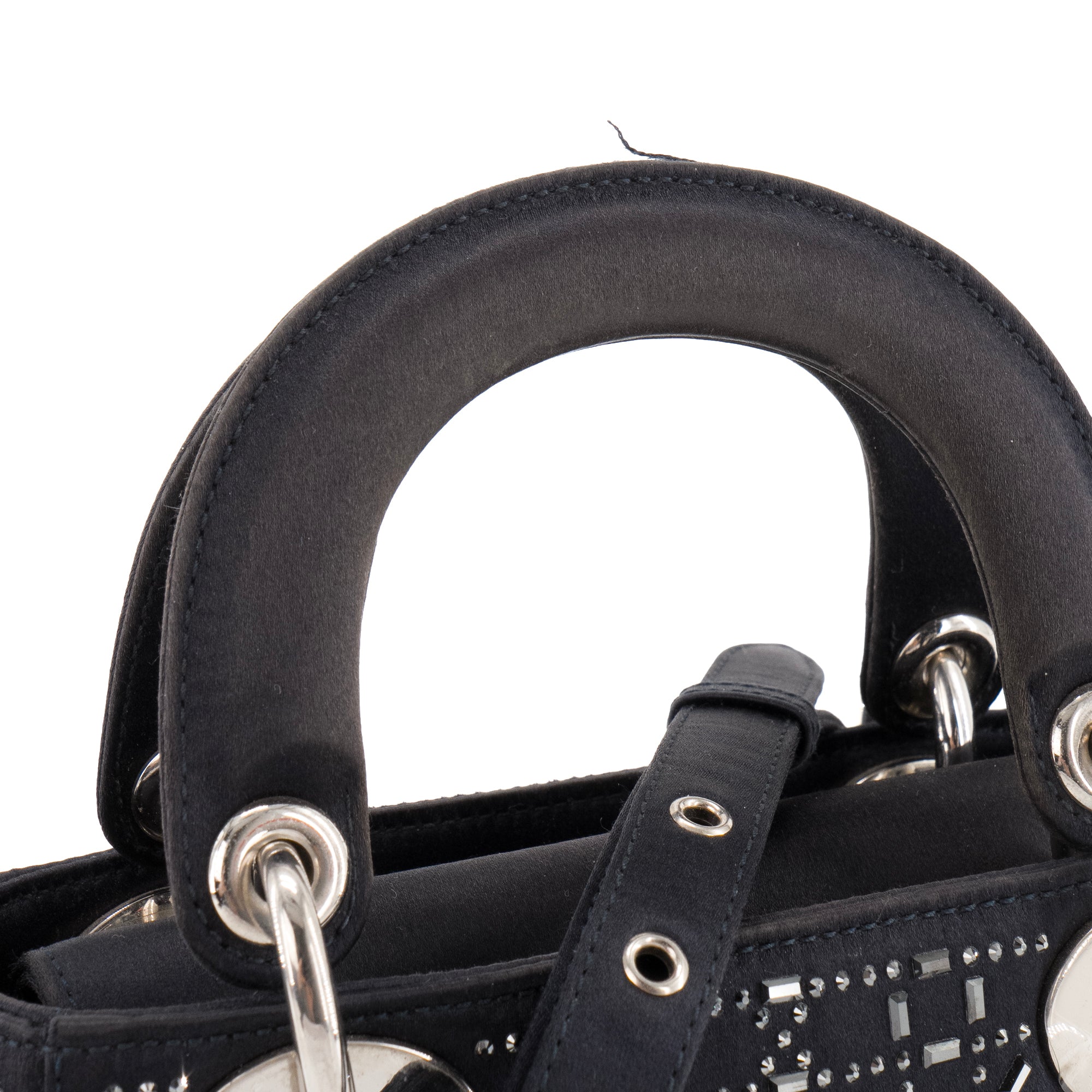 DIOR - Sac à bandoulière Lady Dior mini en satin bleu nuit et strass