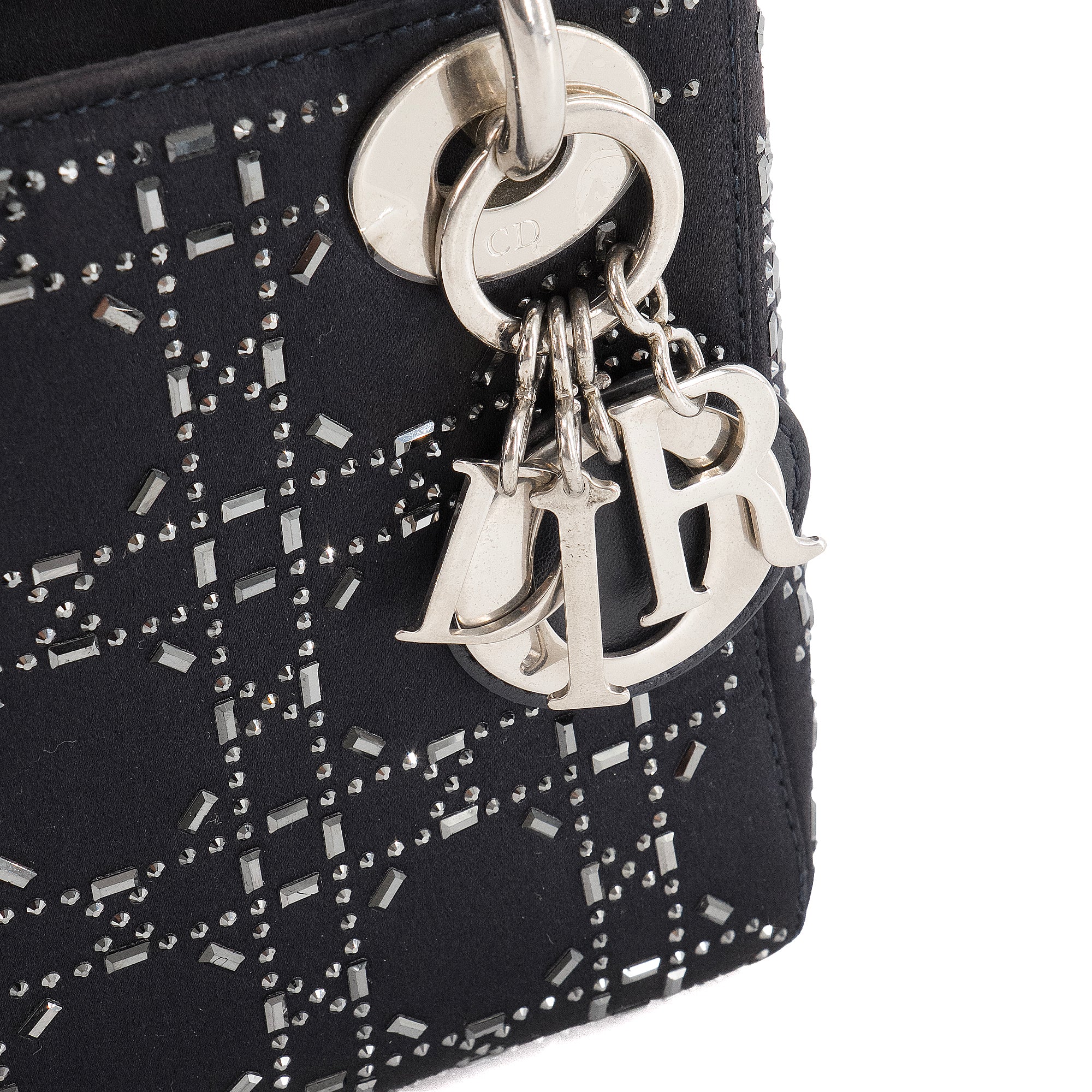 DIOR - Sac à bandoulière Lady Dior mini en satin bleu nuit et strass