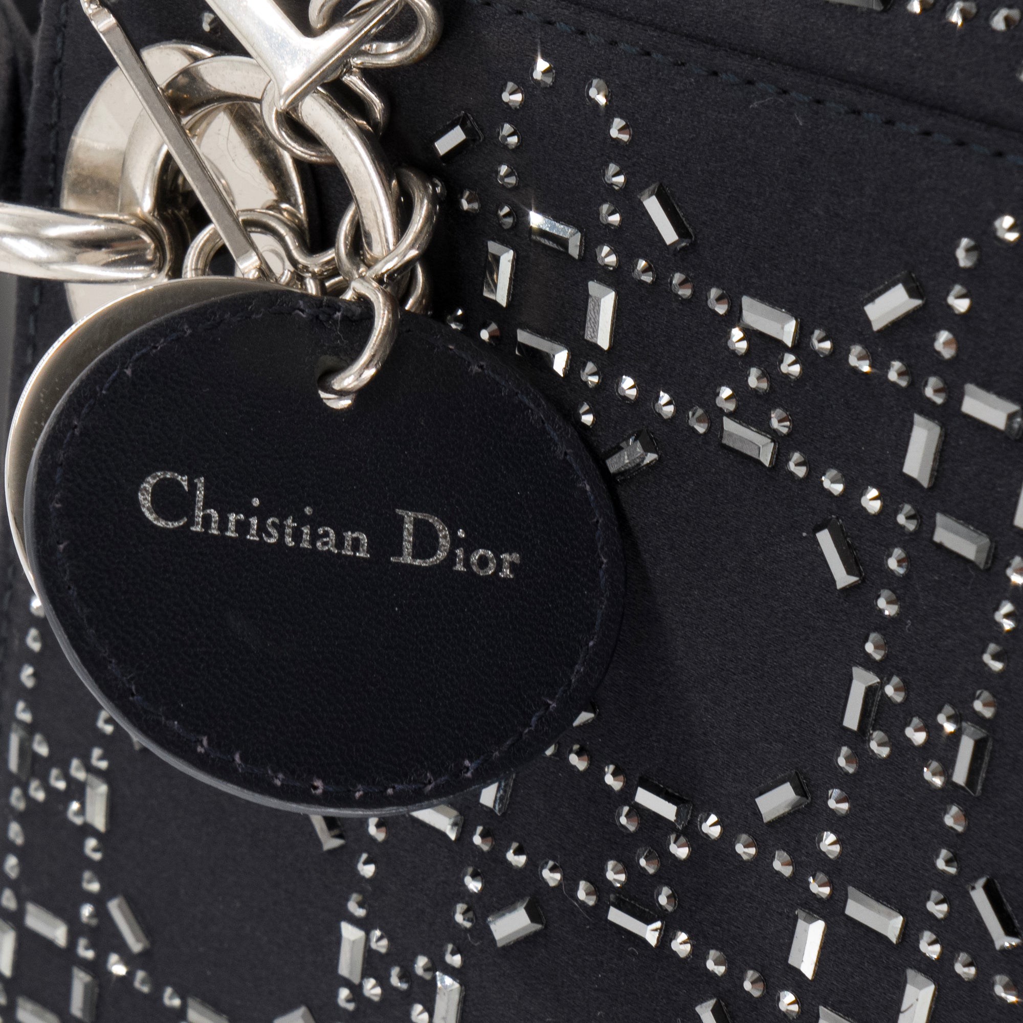 DIOR - Sac à bandoulière Lady Dior mini en satin bleu nuit et strass