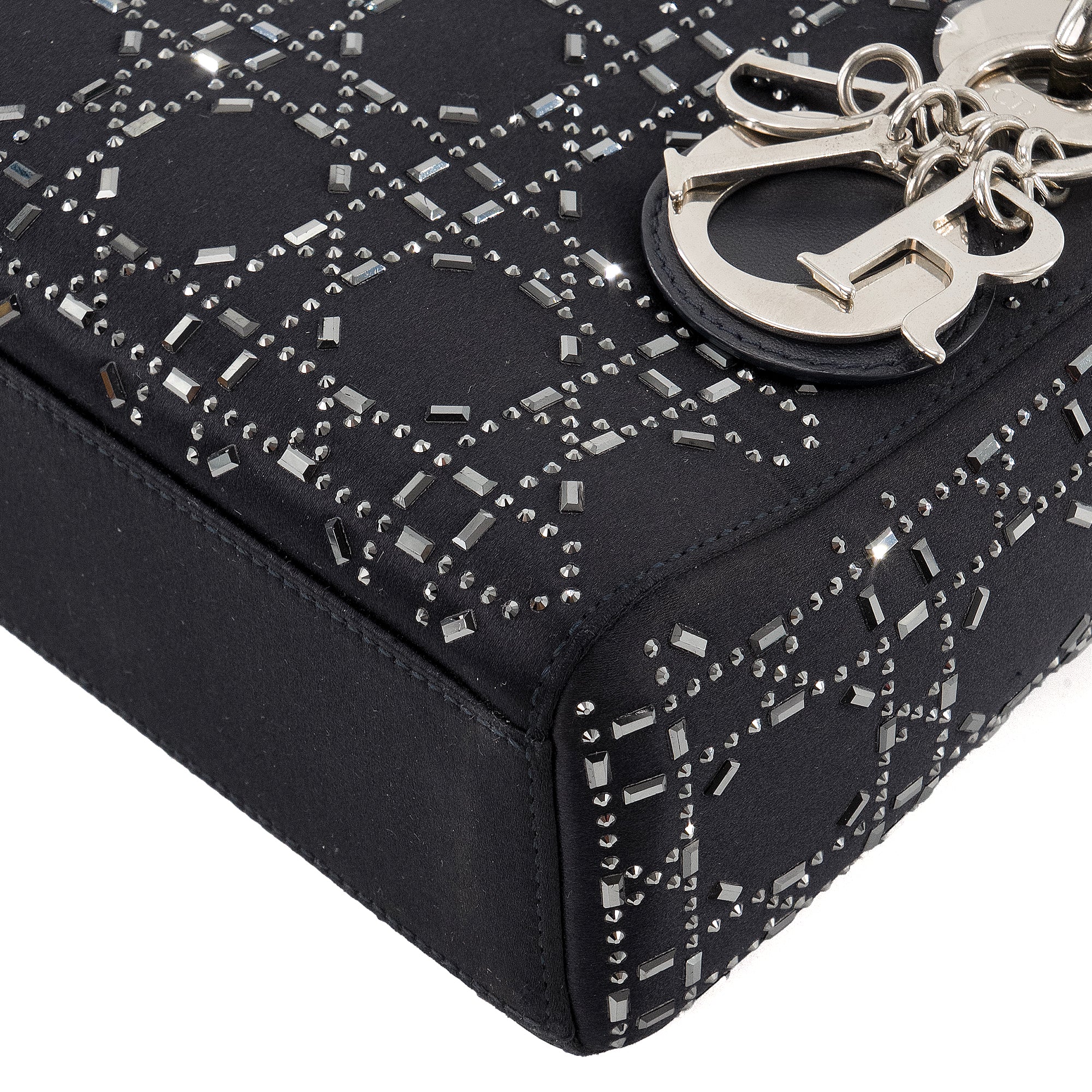 DIOR - Sac à bandoulière Lady Dior mini en satin bleu nuit et strass
