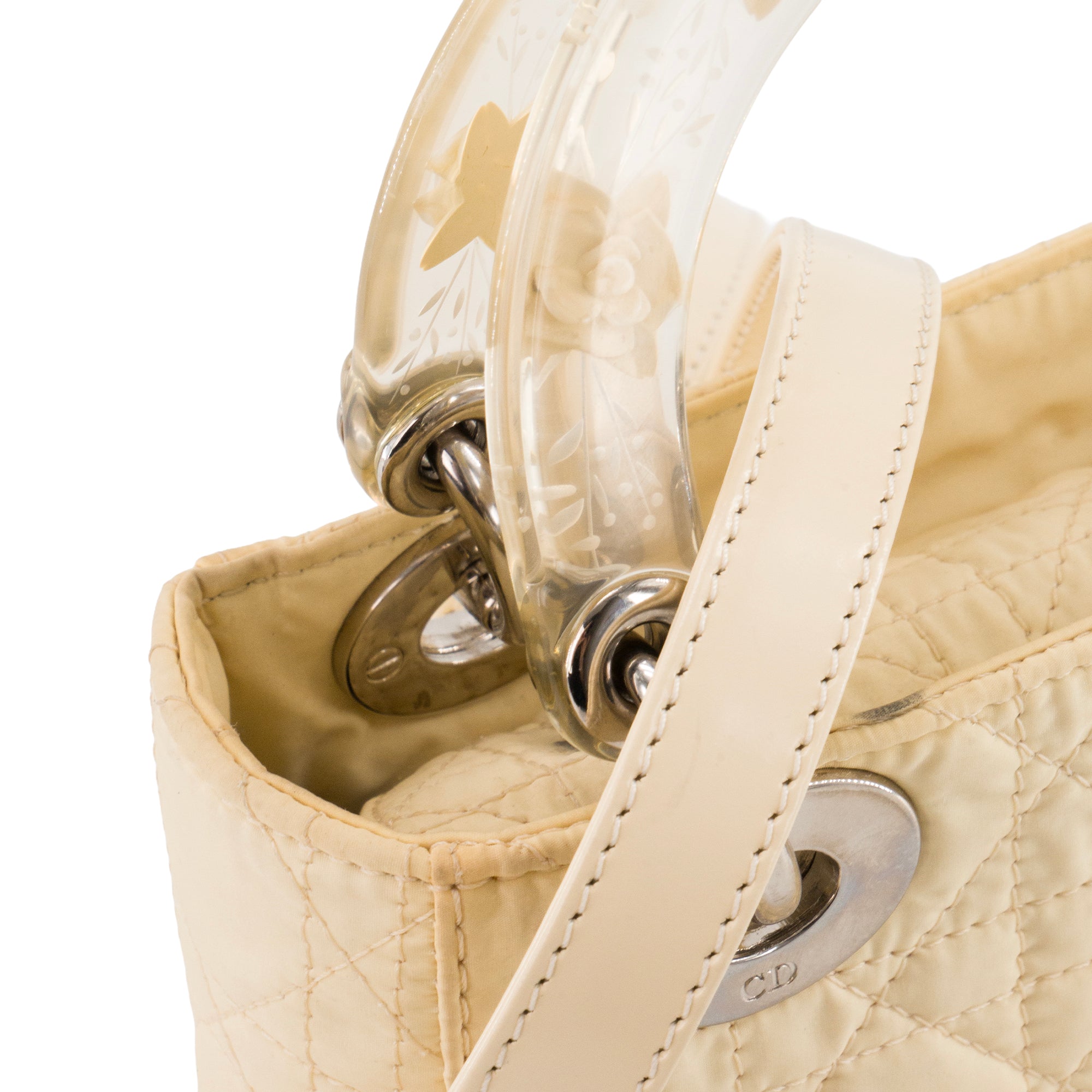 DIOR - Sac à bandoulière Lady Dior mini en toile cannage jaune clair et acétate transparent