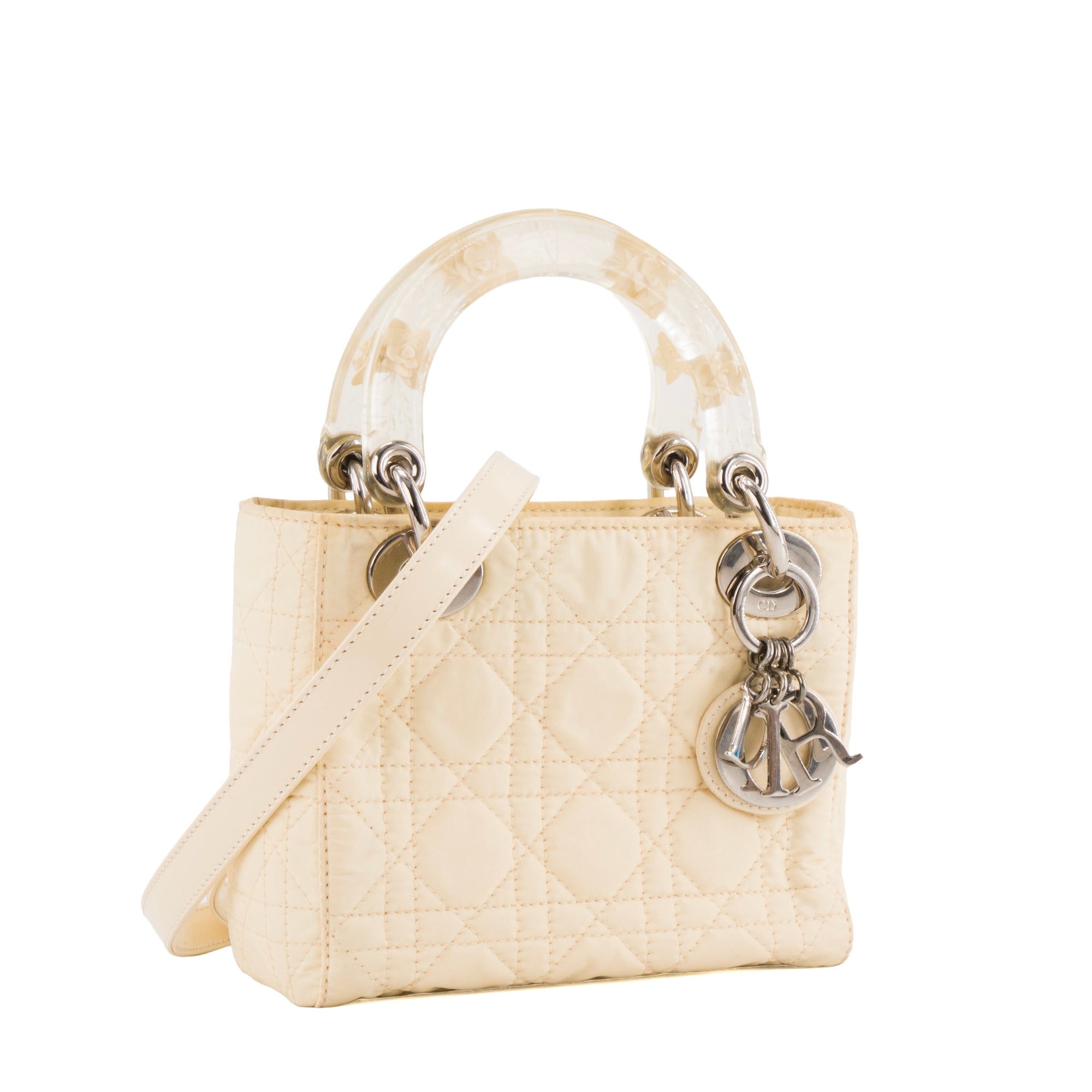 DIOR - Sac à bandoulière Lady Dior mini en toile cannage jaune clair et acétate transparent