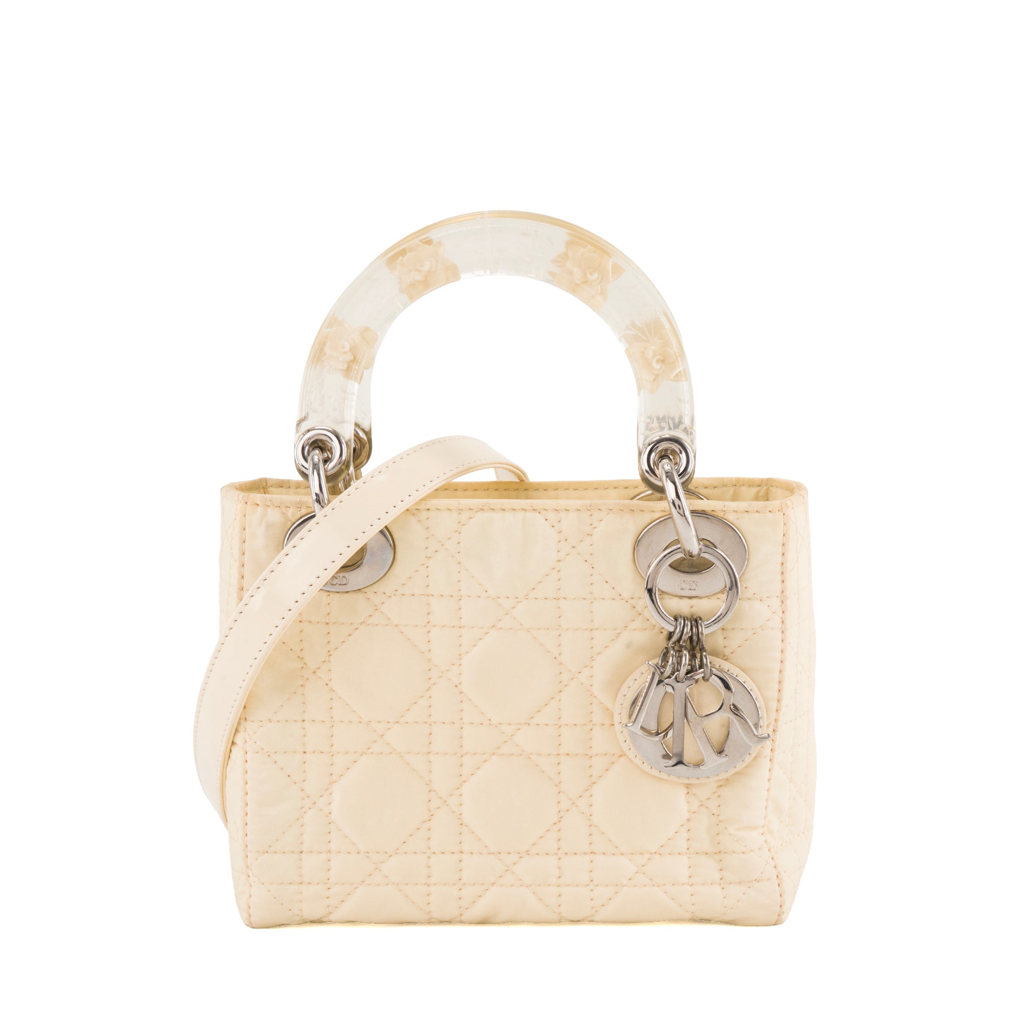 DIOR - Sac à bandoulière Lady Dior mini en toile cannage jaune clair et acétate transparent