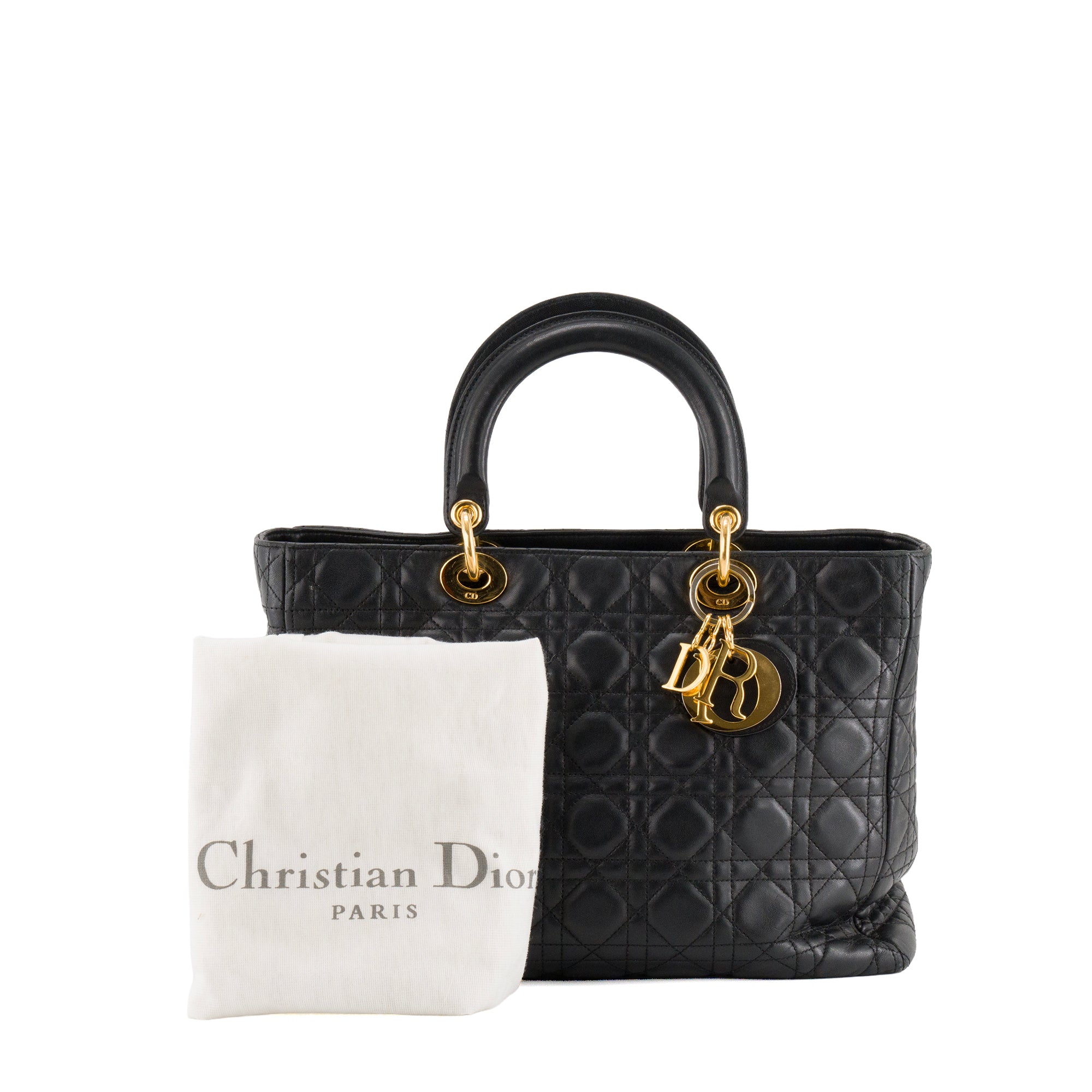 DIOR - Sac à bandoulière Lady Dior large Dior en cuir cannage noir vintage