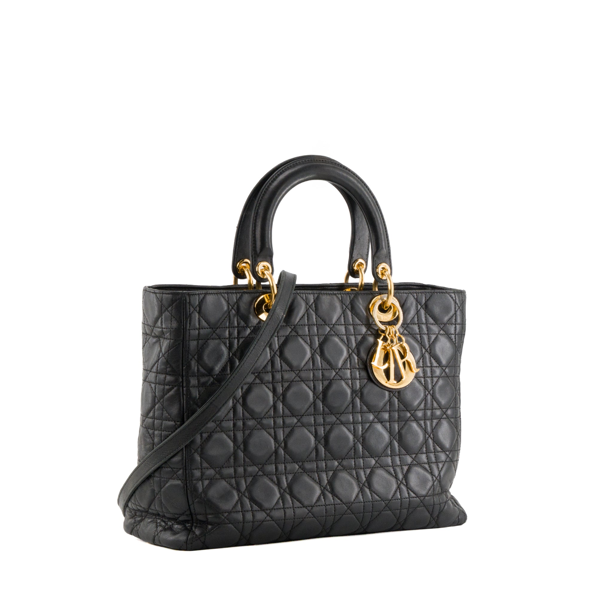 DIOR - Sac à bandoulière Lady Dior large Dior en cuir cannage noir vintage