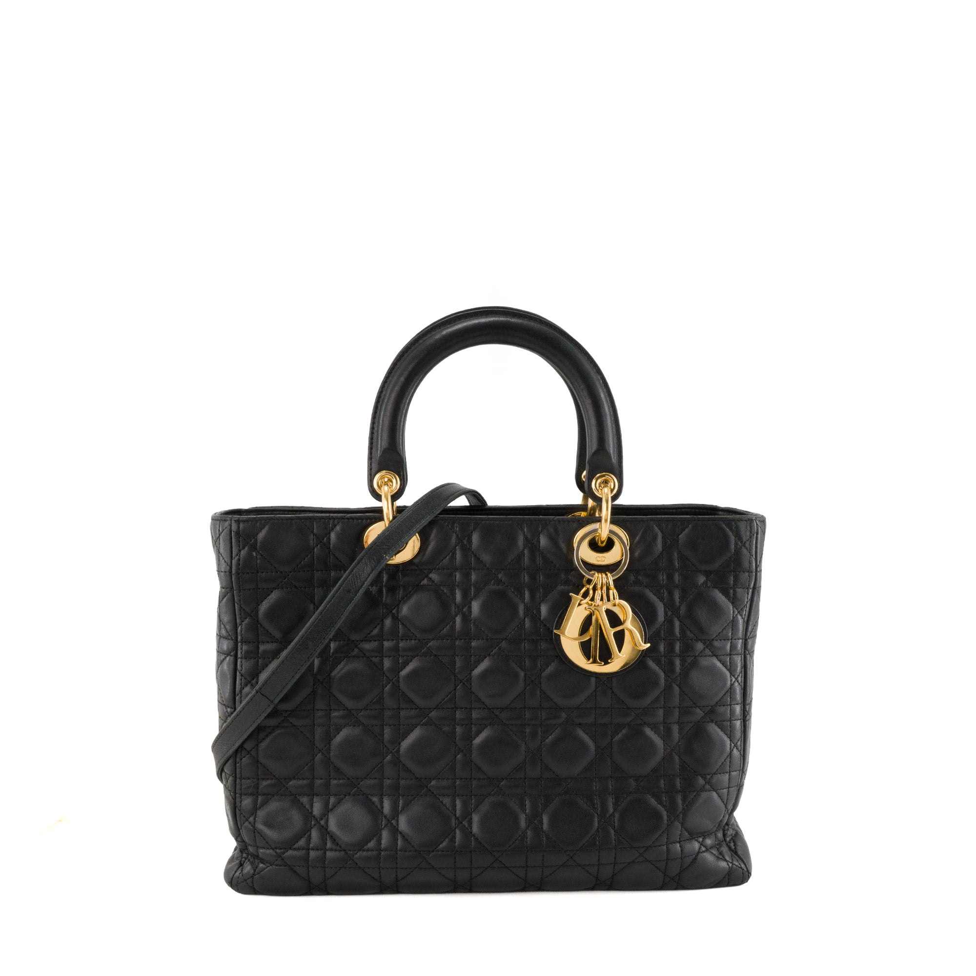 DIOR - Sac à bandoulière Lady Dior large Dior en cuir cannage noir vintage
