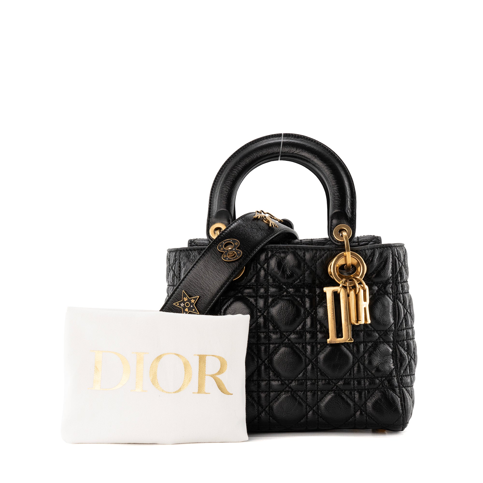 DIOR - Sac à bandoulière Lady Dior Small Dior en cuir froissé noir