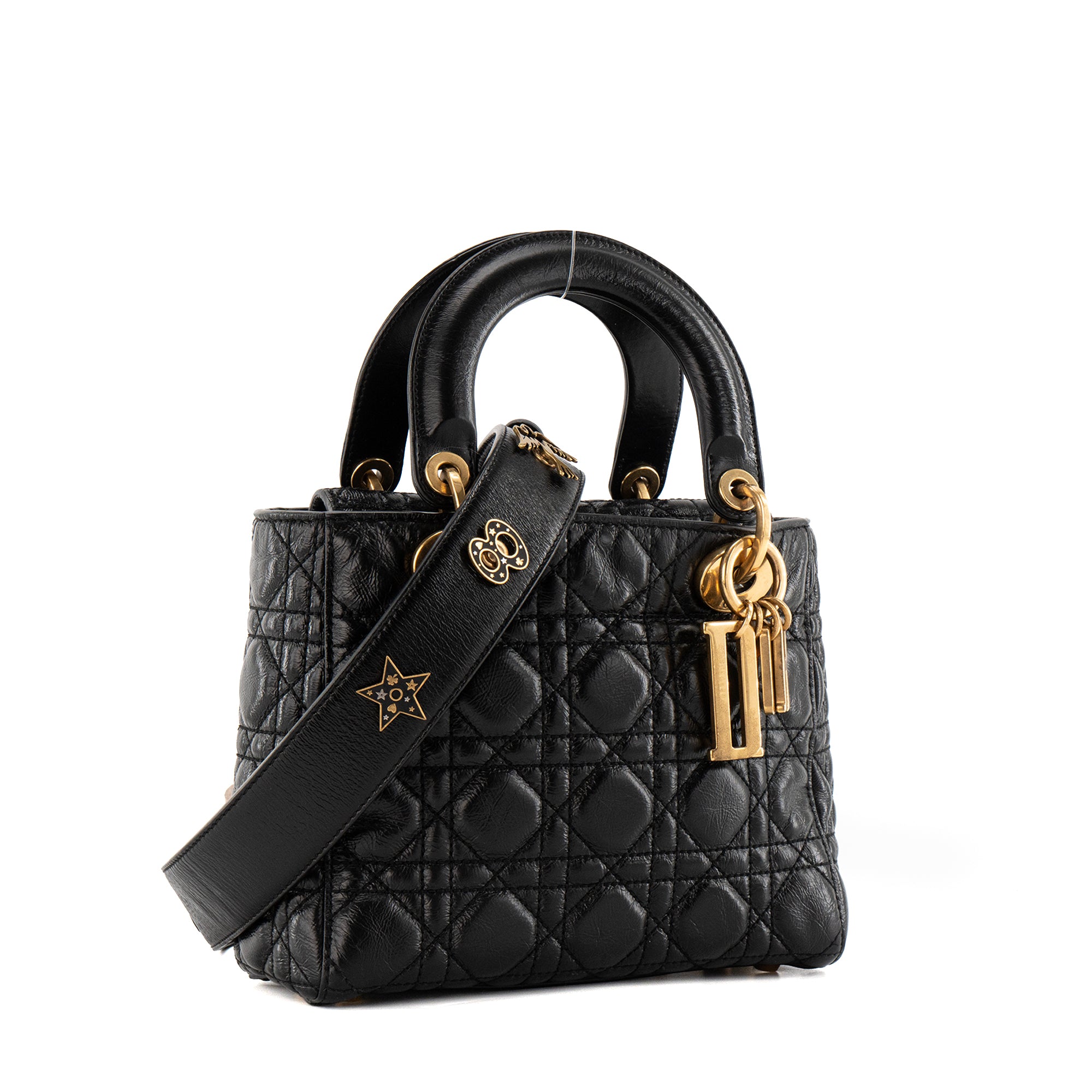 DIOR - Sac à bandoulière Lady Dior Small Dior en cuir froissé noir