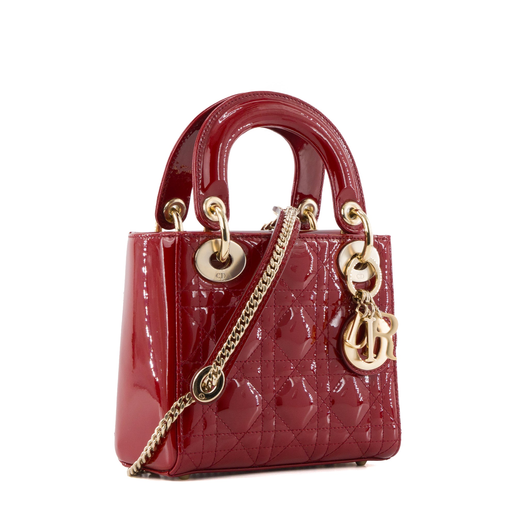 DIOR - Sac à bandoulière Lady Dior small Dior en cuir verni bordeaux