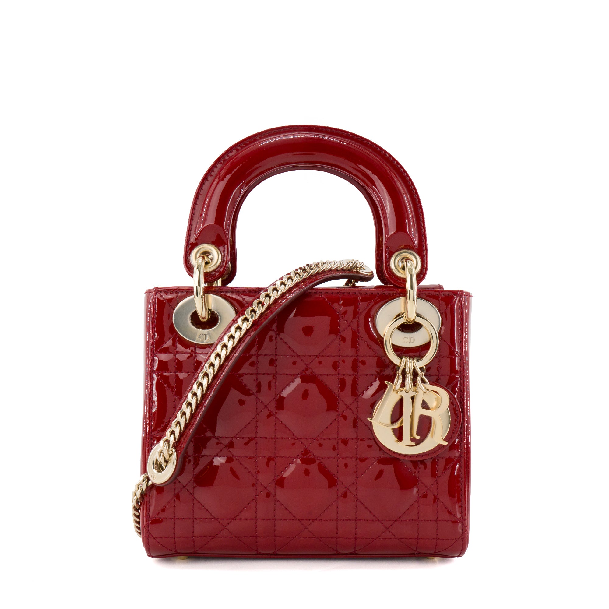 DIOR - Sac à bandoulière Lady Dior small Dior en cuir verni bordeaux