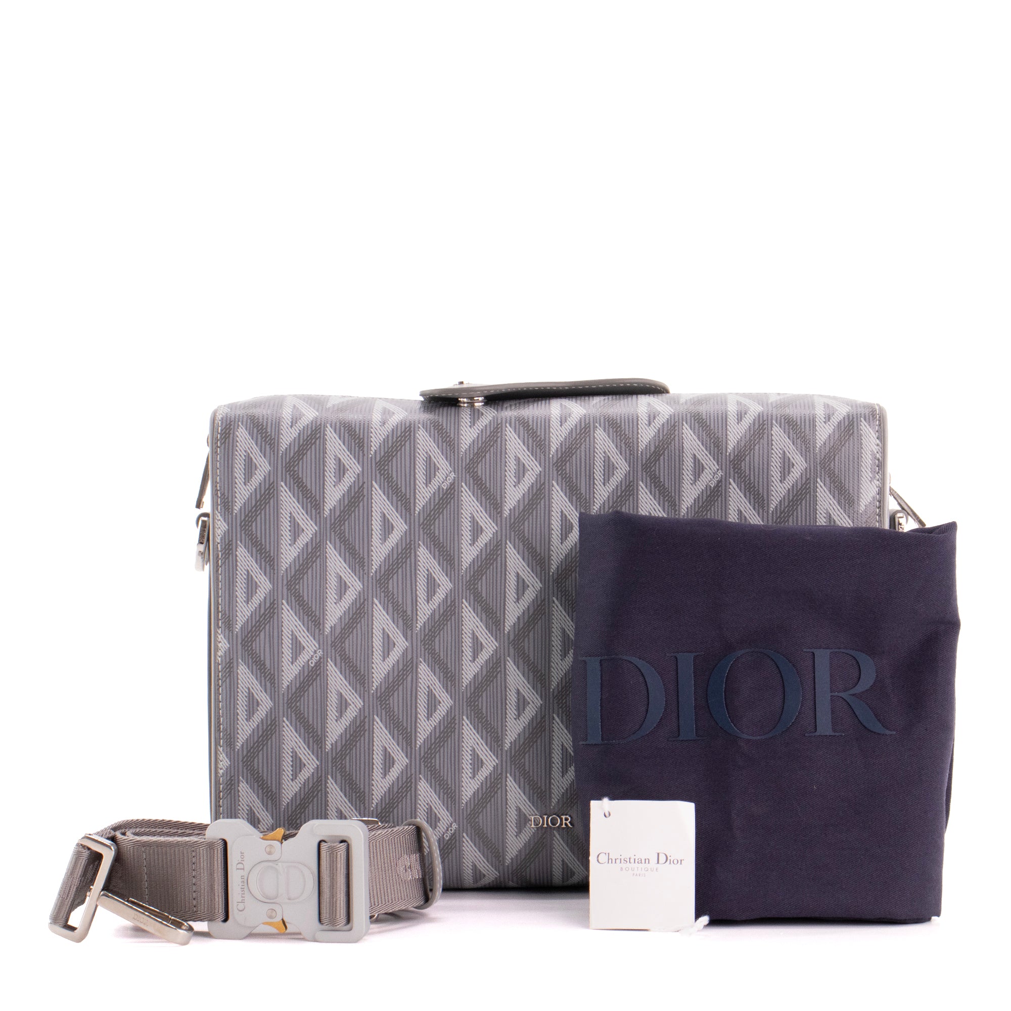 DIOR - Sac à bandoulière Messenger Lingot CD Diamond Dior en toile enduite grise et blanche