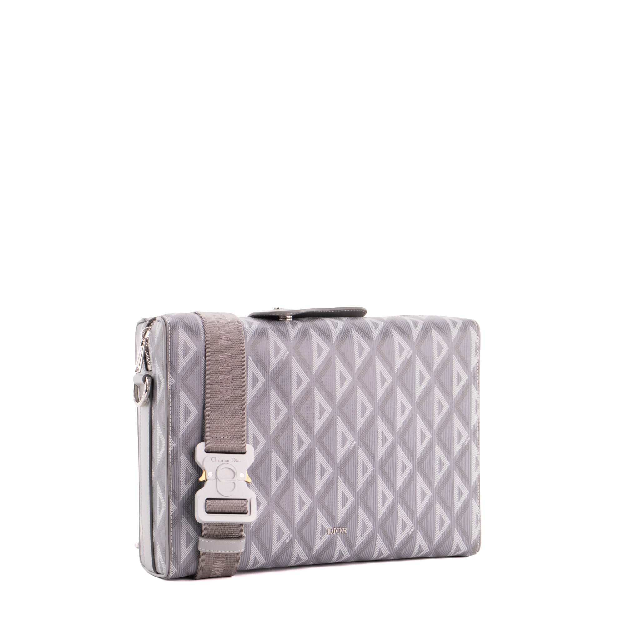 DIOR - Sac à bandoulière Messenger Lingot CD Diamond Dior en toile enduite grise et blanche