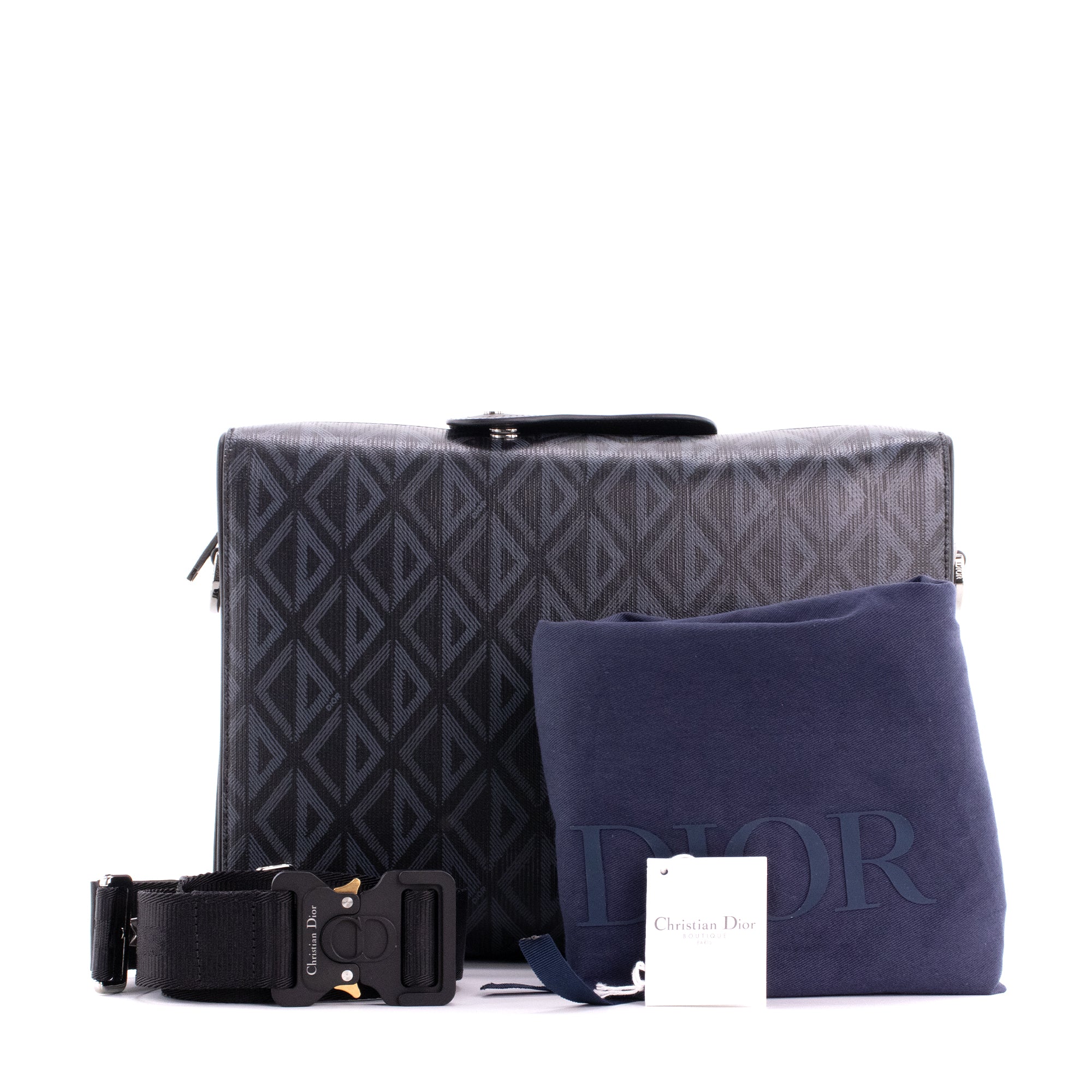 DIOR - Sac à bandoulière Messenger Lingot CD Diamond Dior en toile enduite noire et grise
