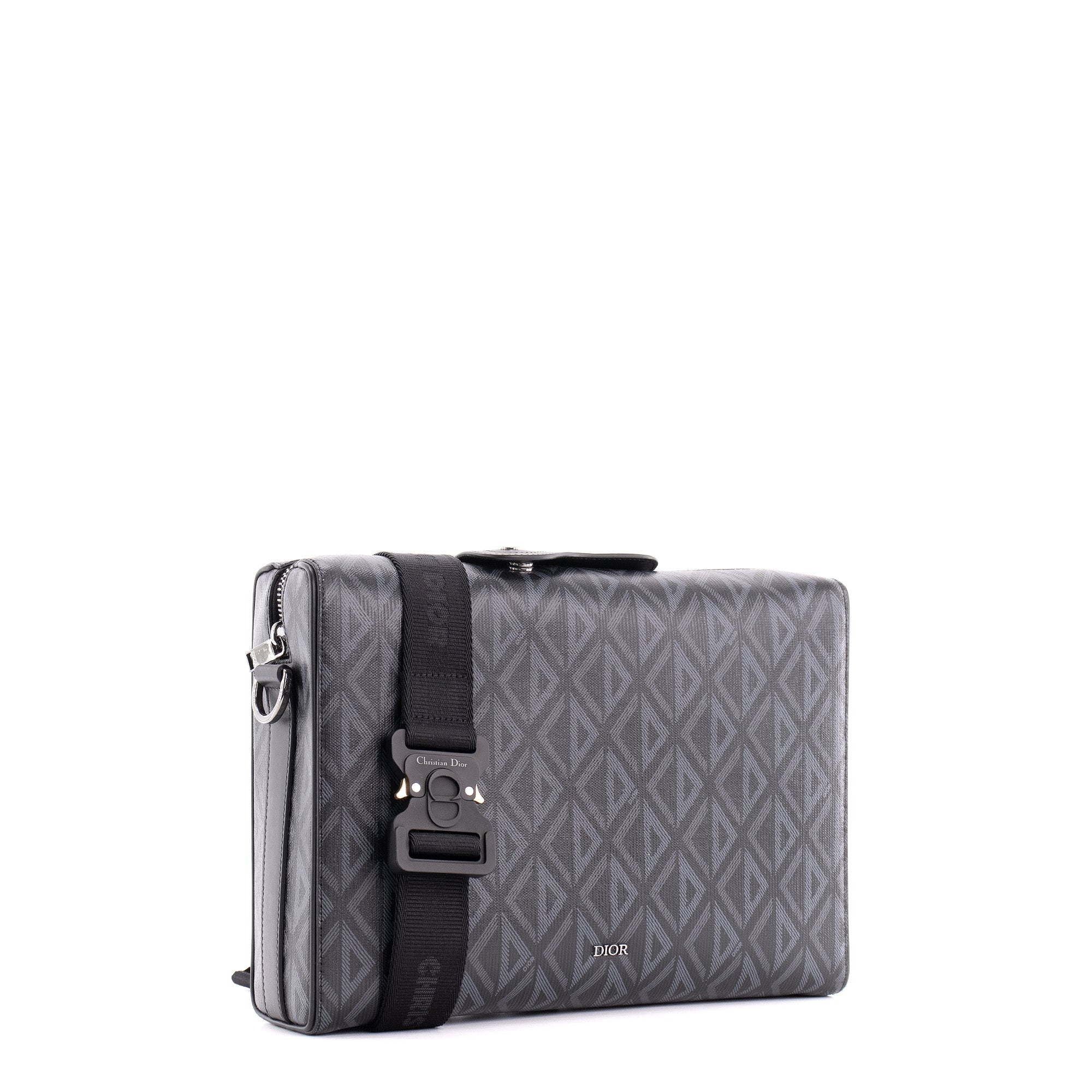 DIOR - Sac à bandoulière Messenger Lingot CD Diamond Dior en toile enduite noire et grise