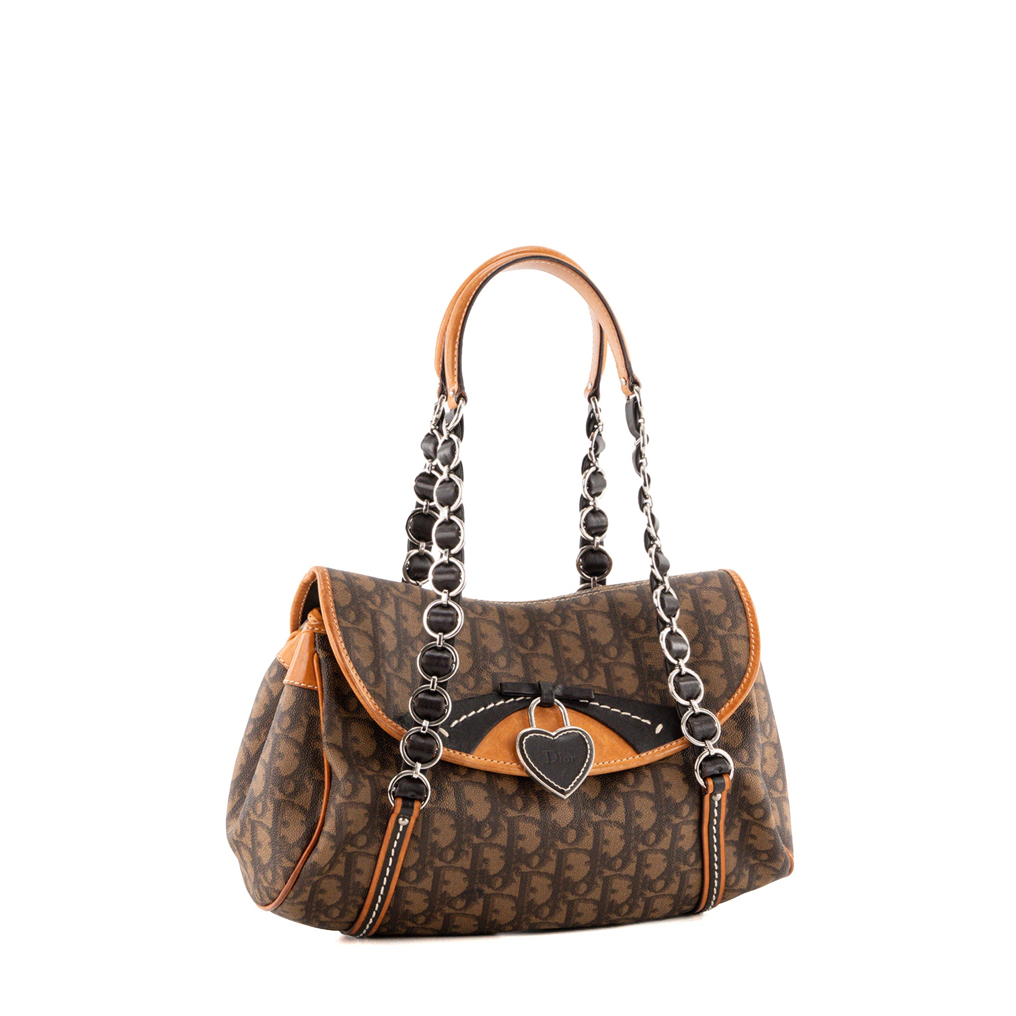 DIOR - Sac à épaule Romantique Dior en toile enduite marron et charms vintage