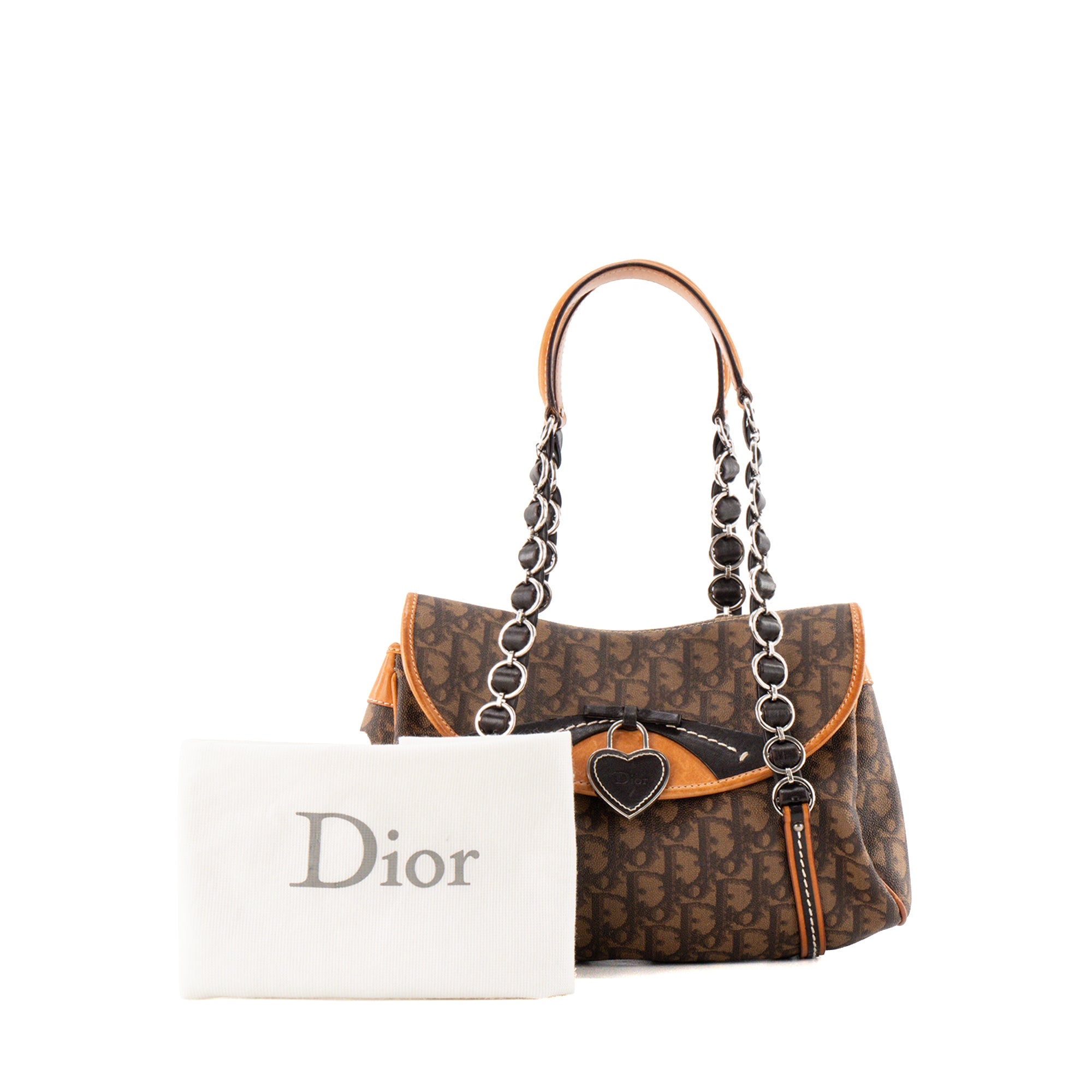 DIOR - Sac à épaule Romantique Dior en toile enduite marron et charms vintage