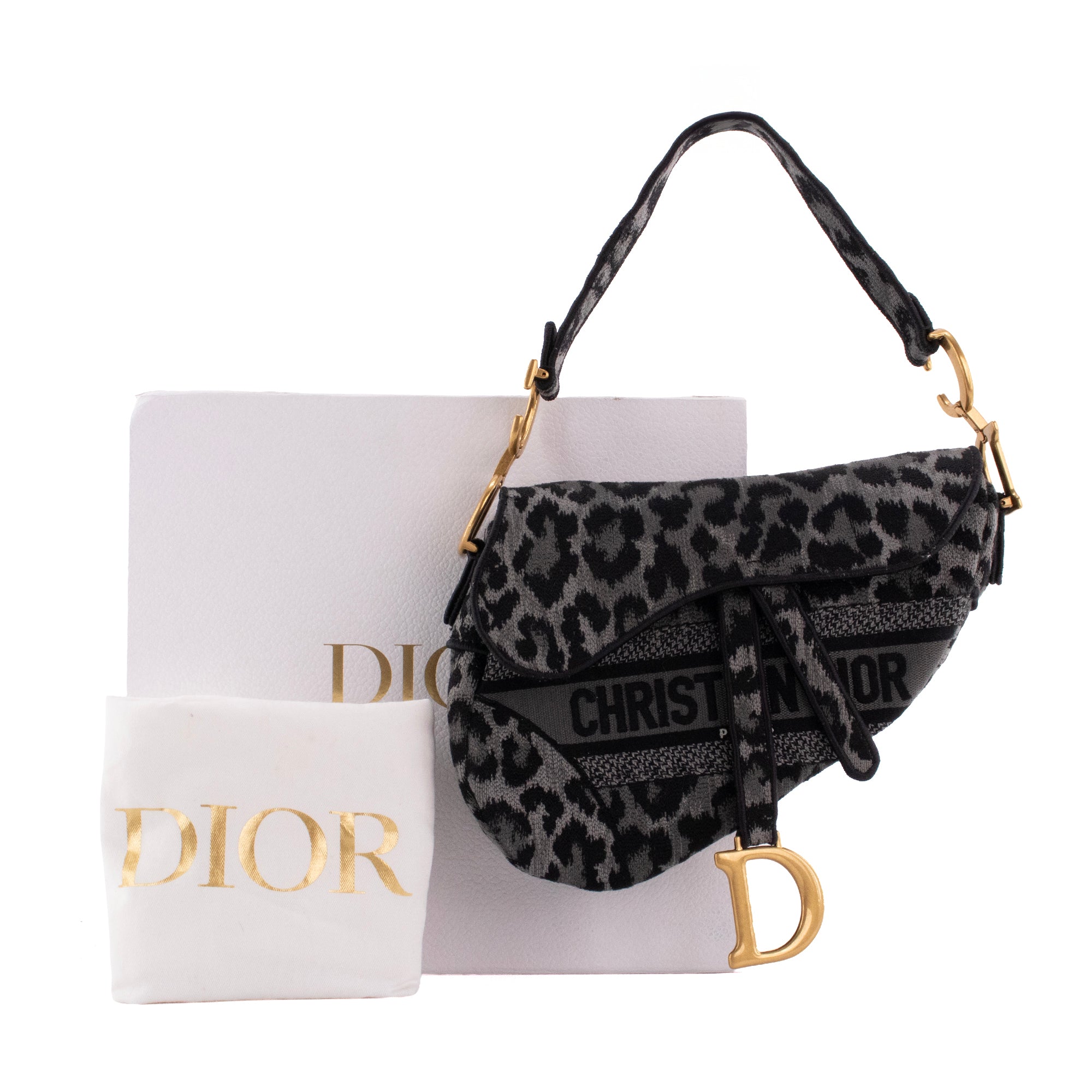 DIOR - Sac à épaule Saddle Dior en toile grise léopard édition limitée