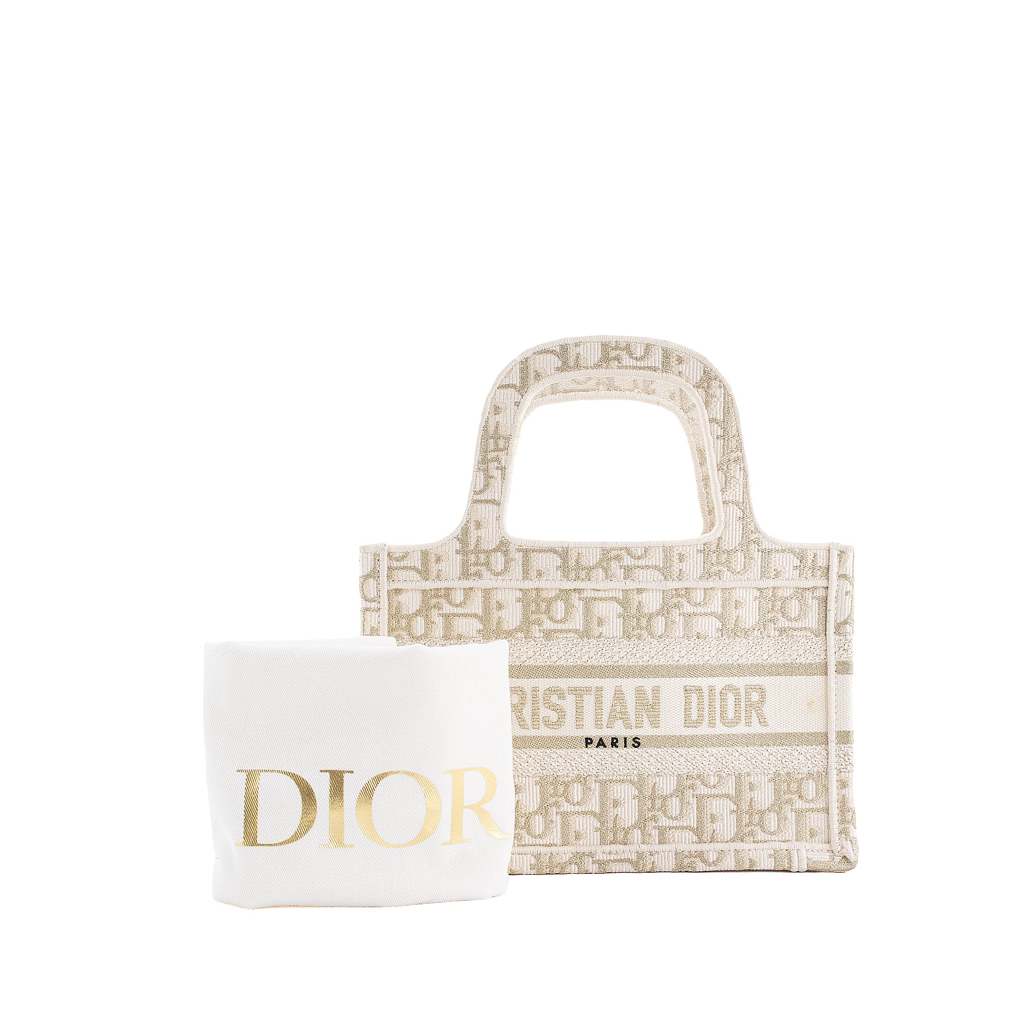 DIOR - Sac à main Book Tote Mini Dior en toile de jouy dorée et blanche