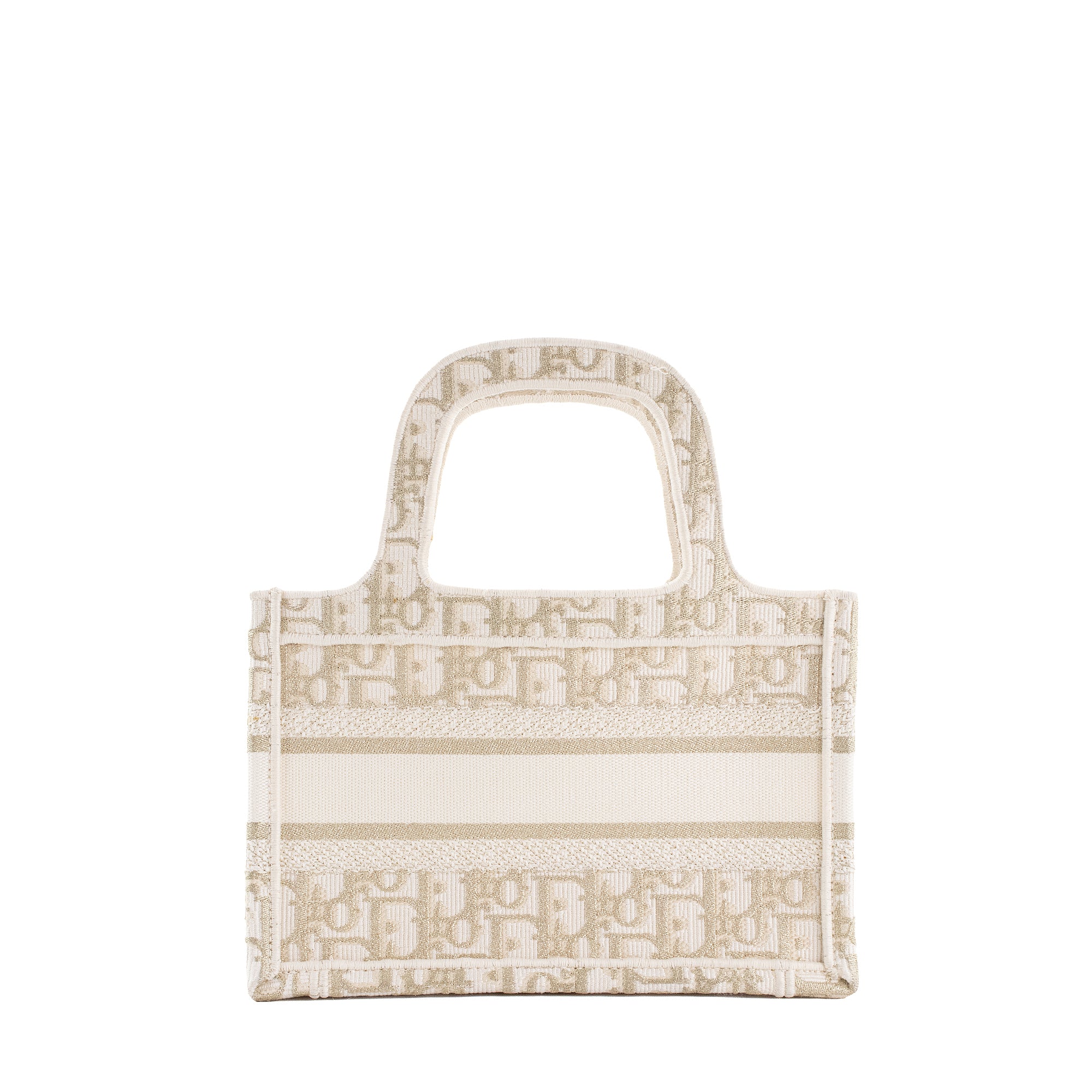 DIOR - Sac à main Book Tote Mini Dior en toile de jouy dorée et blanche
