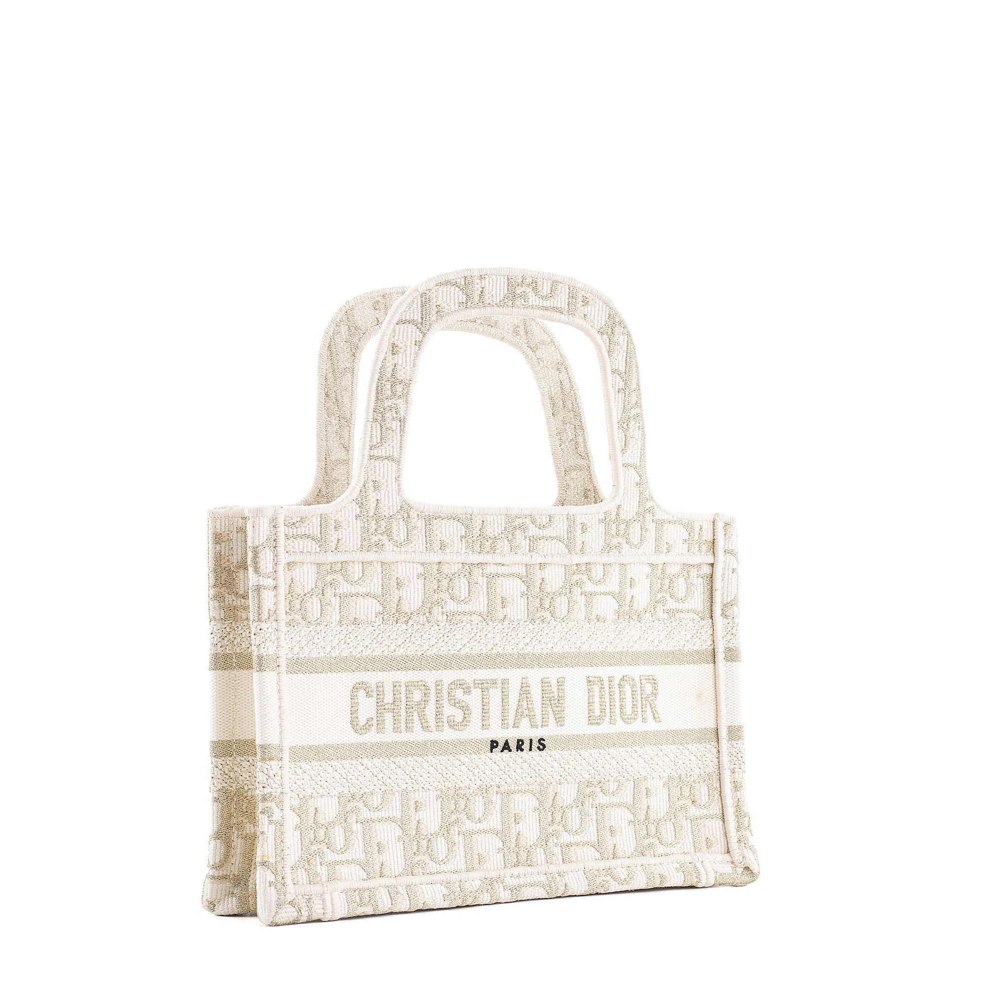 DIOR - Sac à main Book Tote Mini Dior en toile de jouy dorée et blanche