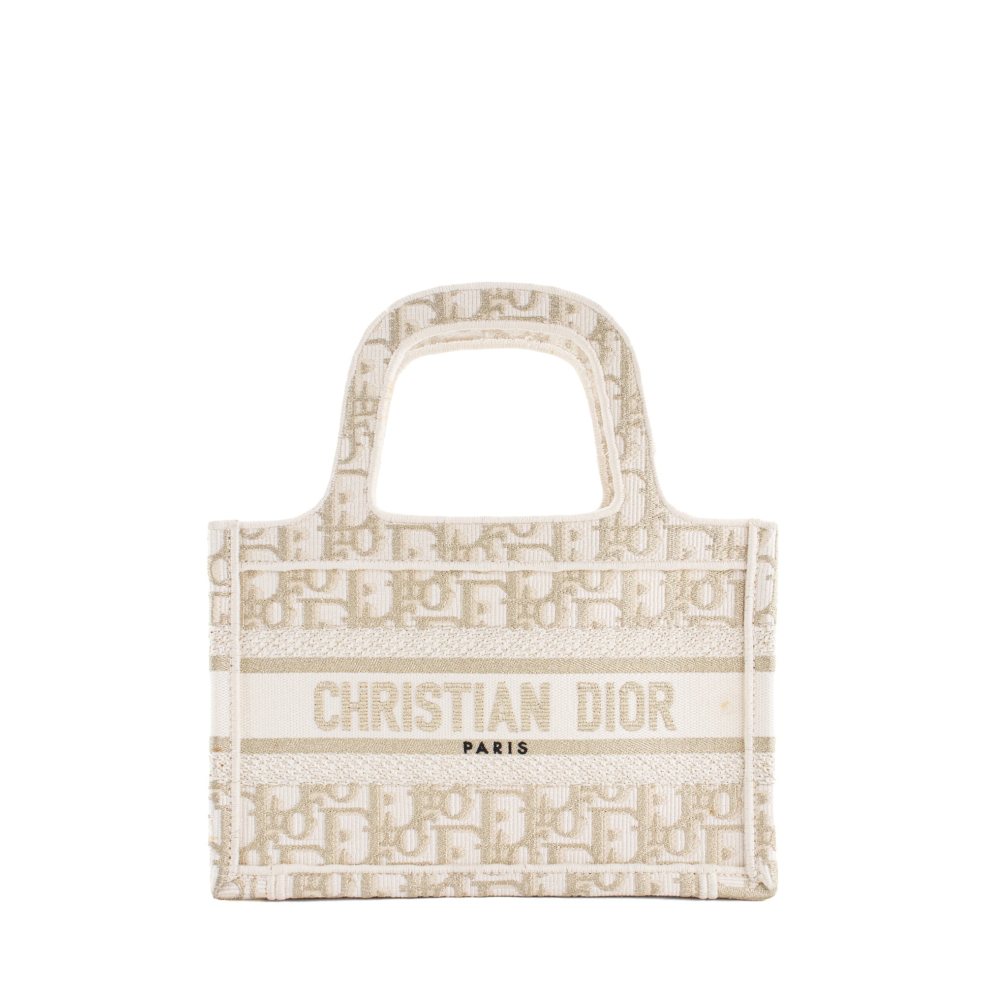 DIOR - Sac à main Book Tote Mini Dior en toile de jouy dorée et blanche